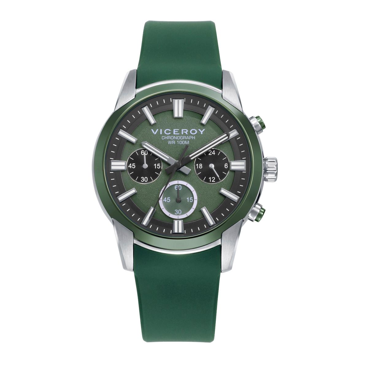 Reloj caja bitono en acero e Ip verde 10 Atm, correa de silicona verde, movimiento cuarzo,colección Abraham Mateo