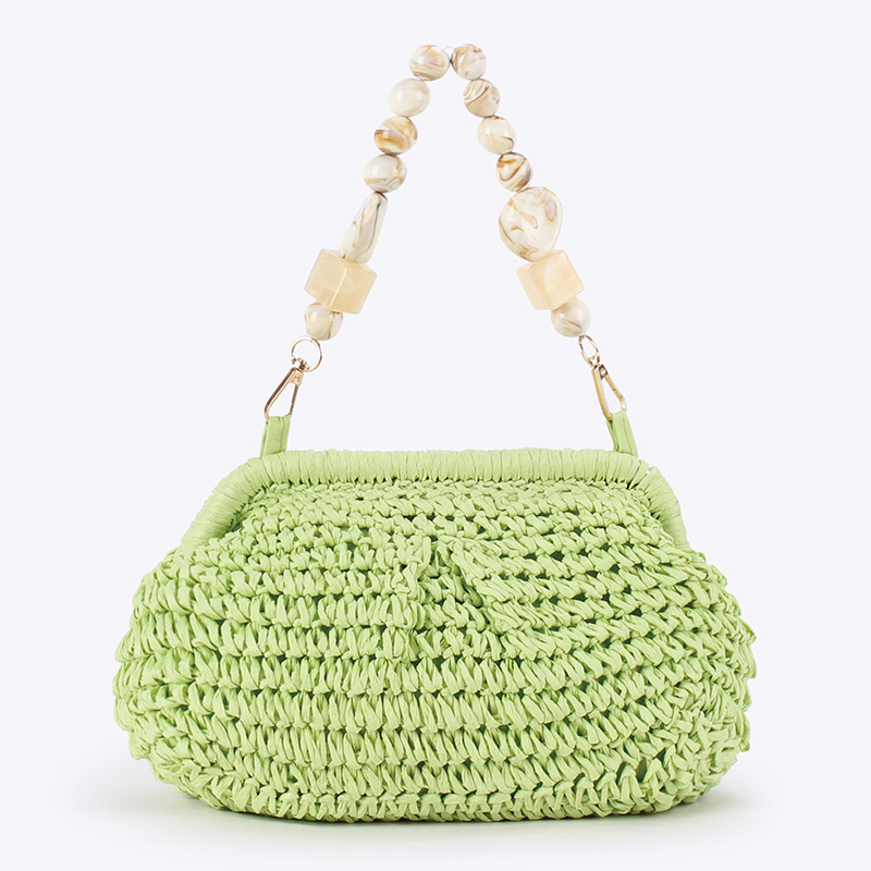 Bolso de playa de verano para mujer, bolso tejido de rafia, bolso hobo elegante con paja de media luna con cuentas, mochila bohemia