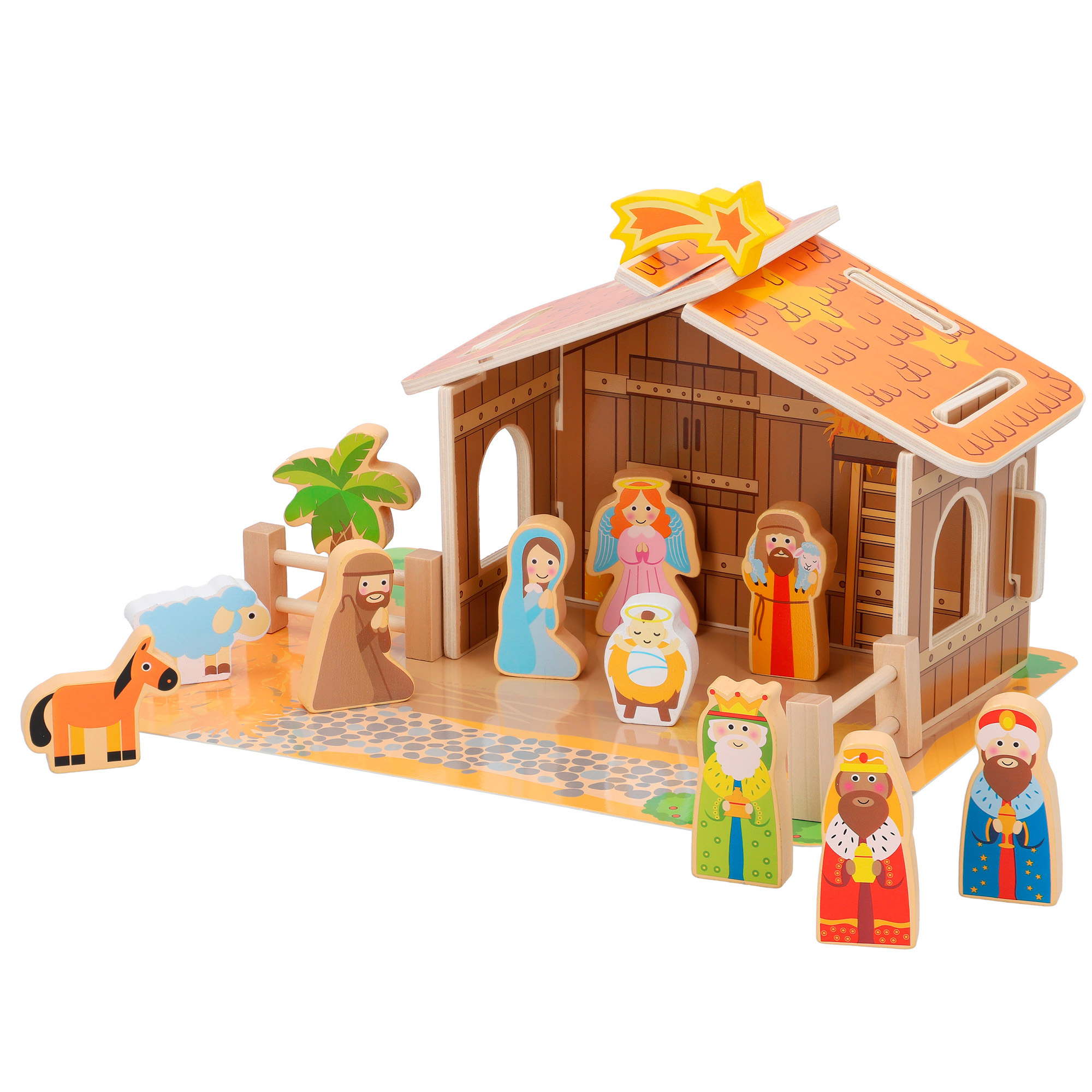 WOOMAX - Belén infantil de madera niños, Nacimiento niño Jesús, pesebre, figuras, educativo, juguete navideño, decorativo, incluye 20 piezas, a partir de 3 años