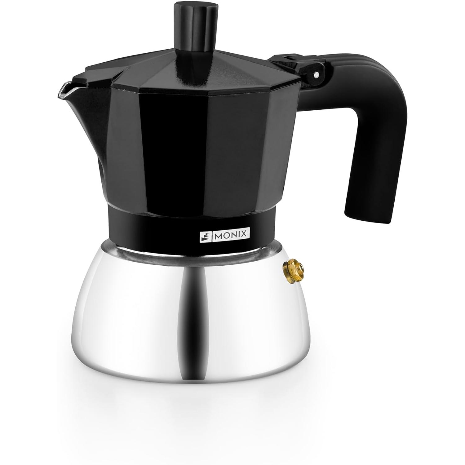 Monix - Cafetera Induction Italiana de Aluminio y Acero Inoxidable, Capacidad 3-9 Tazas, Color Negro y Rojo, Mango Termorresistente, Apta todo tipo de Cocinas
