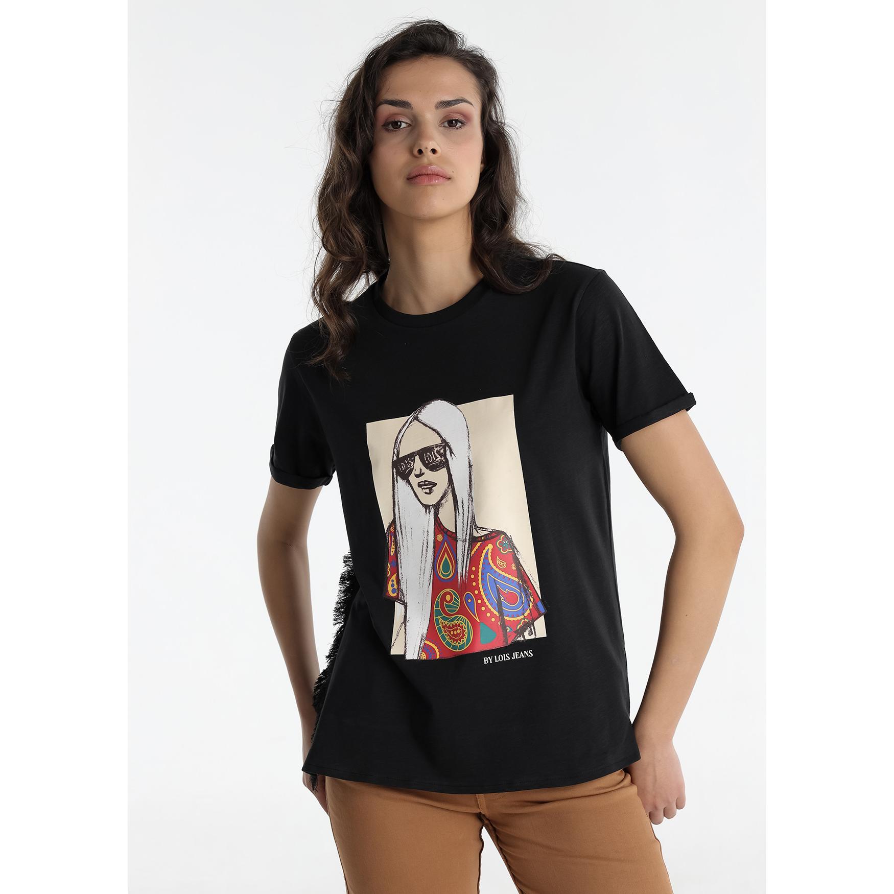 LOIS JEANS - Camiseta Aberturas Flecos Negra