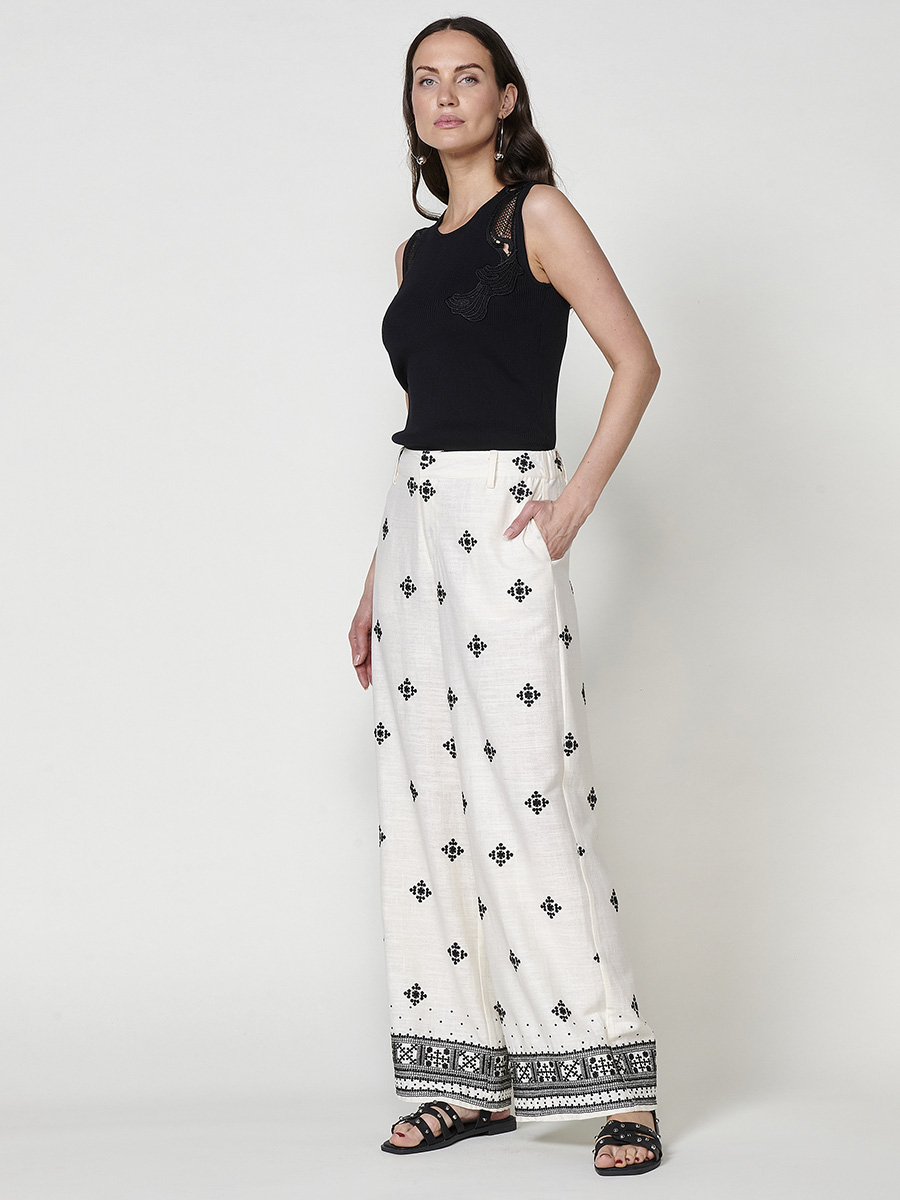 Koroshi - Pantalón wide leg de viscosa y lino con bordado étnico crudo para mujer, estilo bohemio y fluido ideal para verano