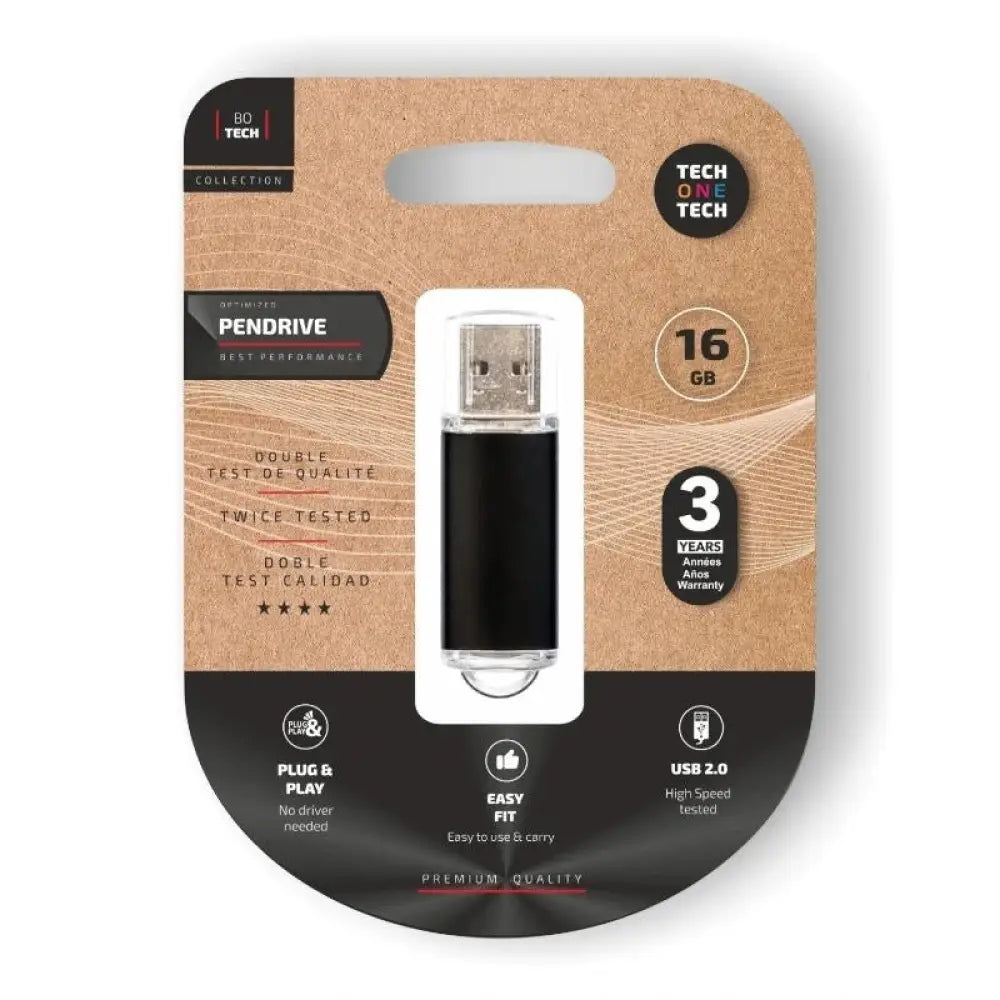 TECH ONE TECH - Pendrive TEC3006-16 16GB USB 2.0 negro resistente con tapa para almacenamiento profesional