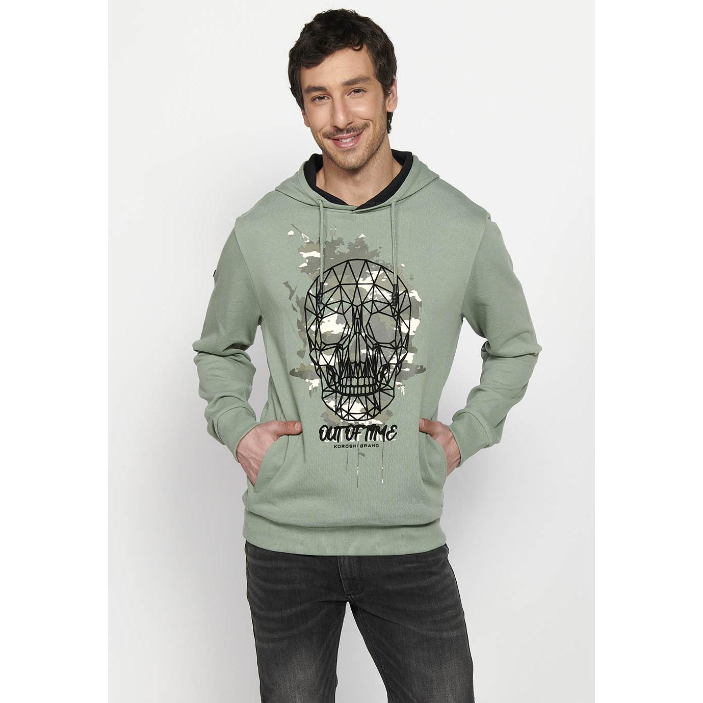 Koroshi - Sudadera hombre cuello cruzado con capucha y estampado de calavera en kaki, tejido de felpa suave 60% algodón 40% poliéster