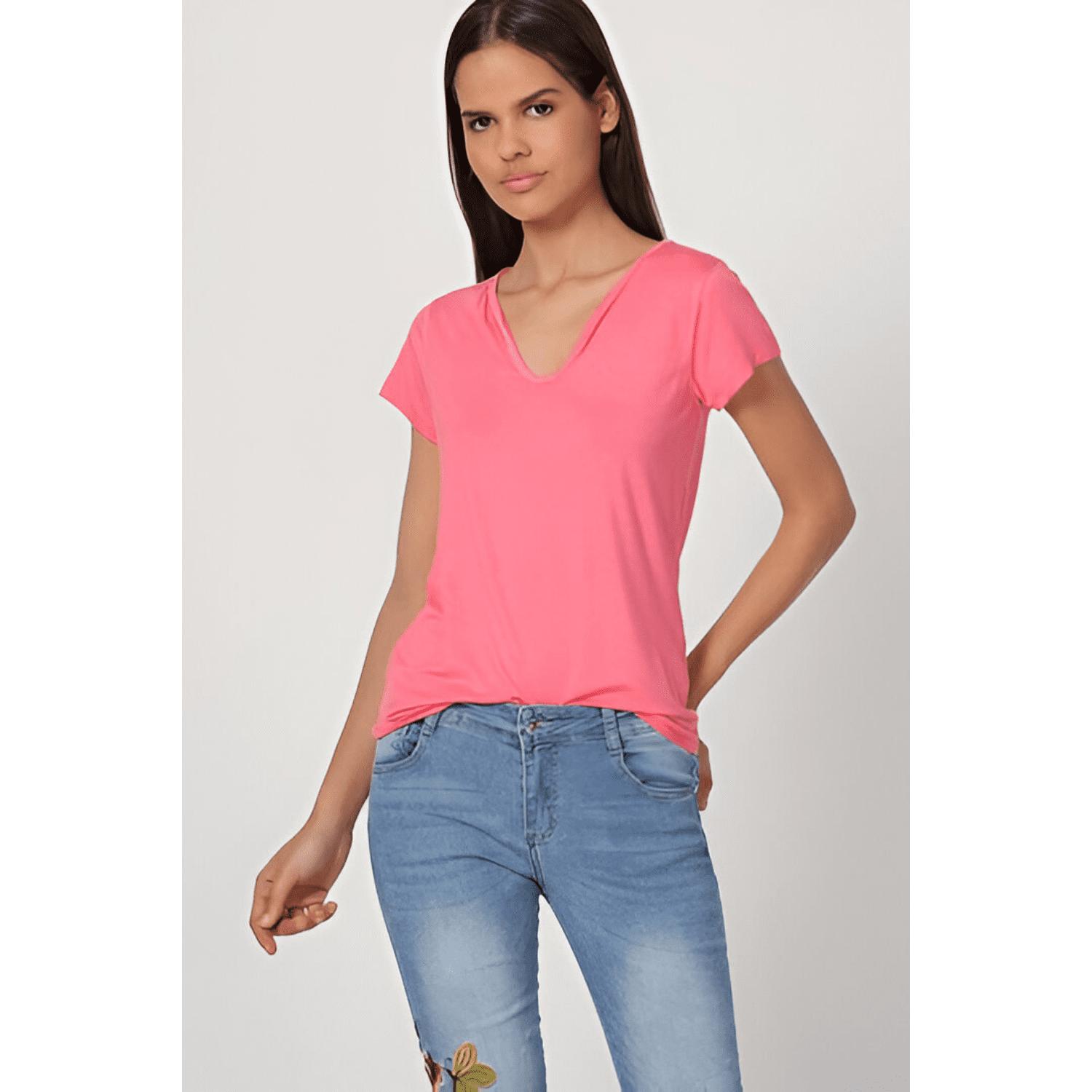 Top camiseta mujer, polo, blusa escote V fluido, manga corta, viscosa ligera, cómodo, estilo casual, color rosa, talla 36, fácil de combinar, ideal primavera verano ✅Entrega 24/48h