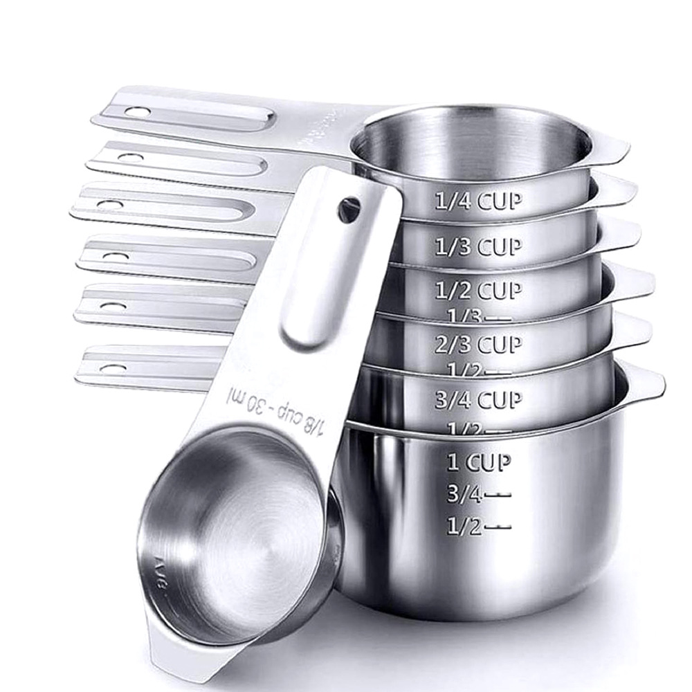 CA Taza medidora de acero inoxidable 430 material Juego de 7 piezas con escala de capacidad Cuchara para condimentar Cuchara para café Cuchara medidora para hornear de cocina Me