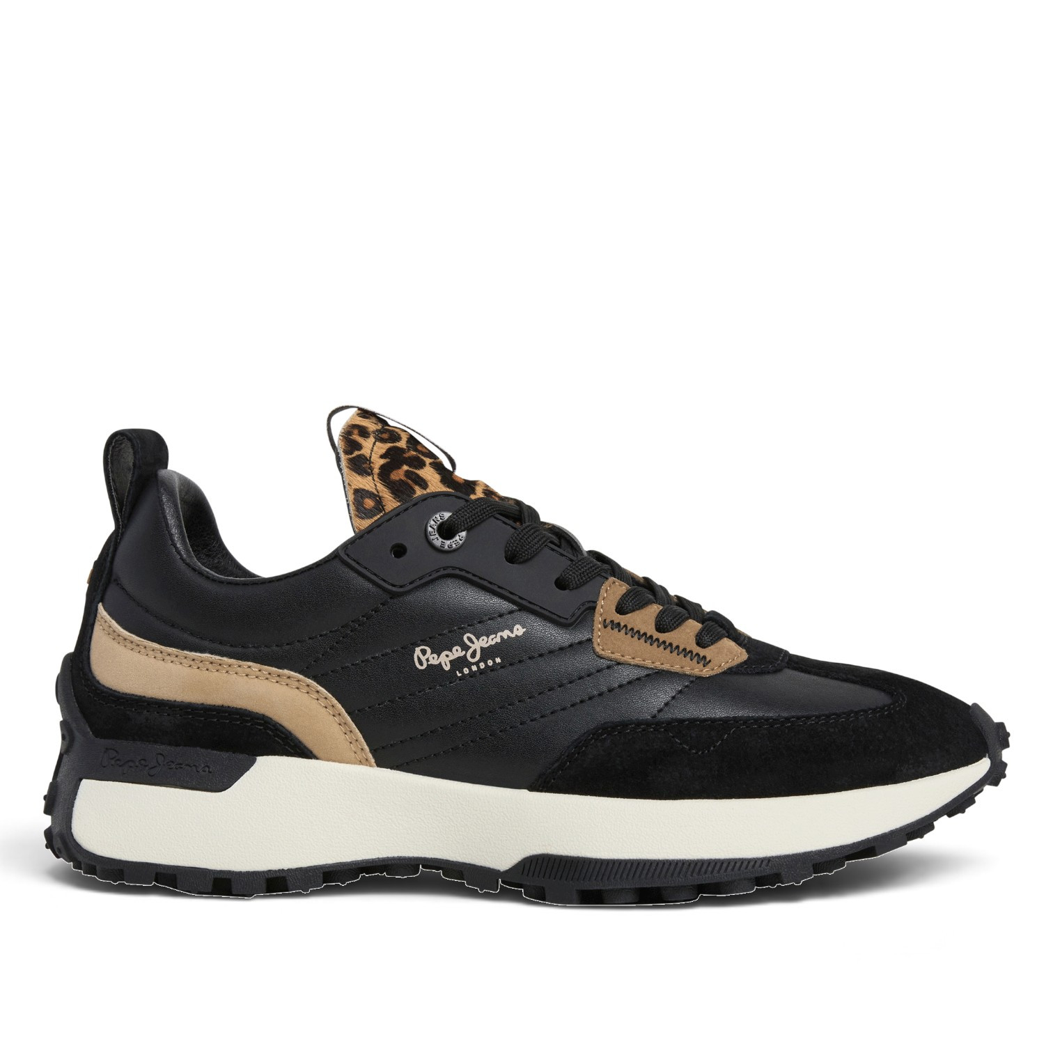 Zapatillas Pepe Jeans Lucky de mujer negras con ante y detalle animal print