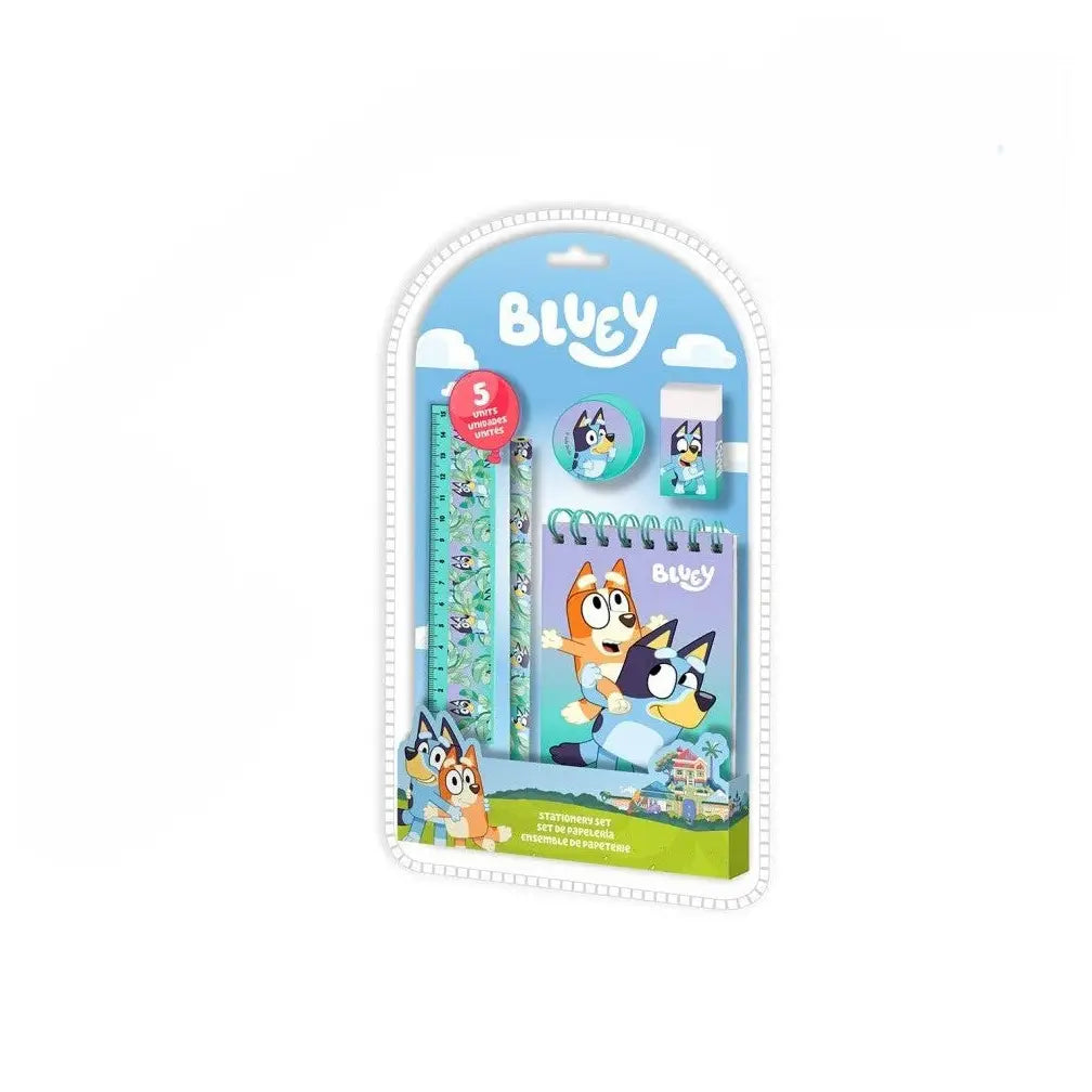 Bluey - Set papelería 5 piezas escolar infantil con diseño colorido y divertido para tareas y notas, ideal como regalo para fans de la serie, material duradero para todo el curso escolar