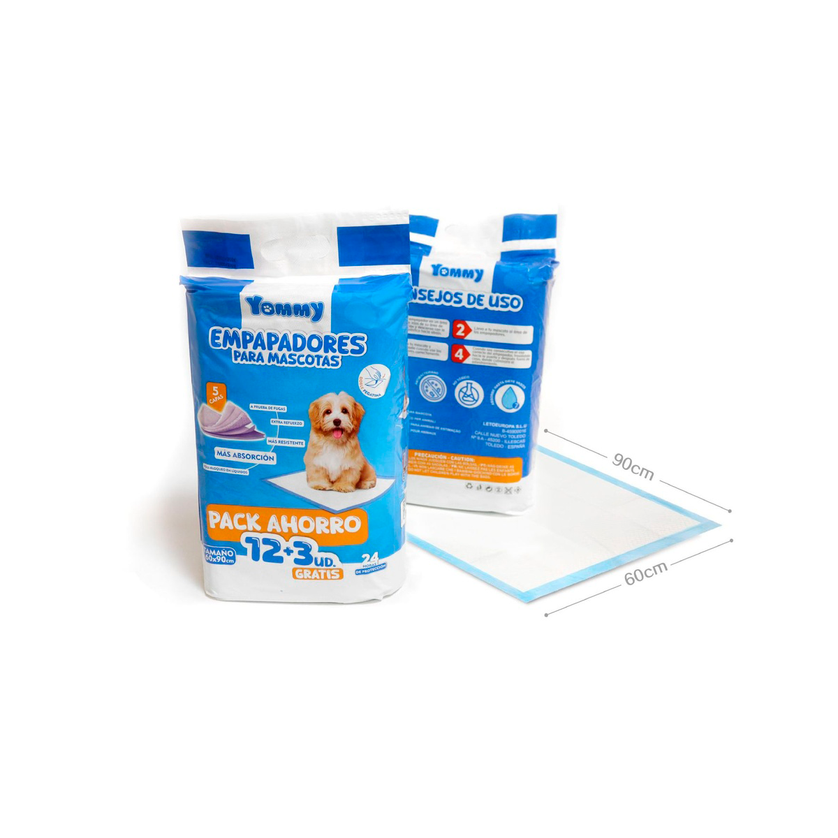 Empapadores para Perros 60x90cm 12 unidades, super absorbentes, con doble pegatina, no toxico, ultra resistentes - Yommy