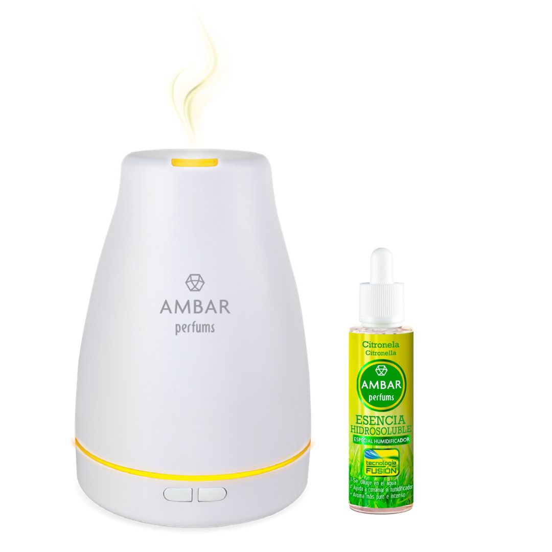 Ambientadores 360 - Humidificador de Esencia y Difusor de Aroma con Luz LED Ambar Perfums + Esencia a Elegir - Aromaterapia - Ideal para Hogar, Oficina y Dormitorio