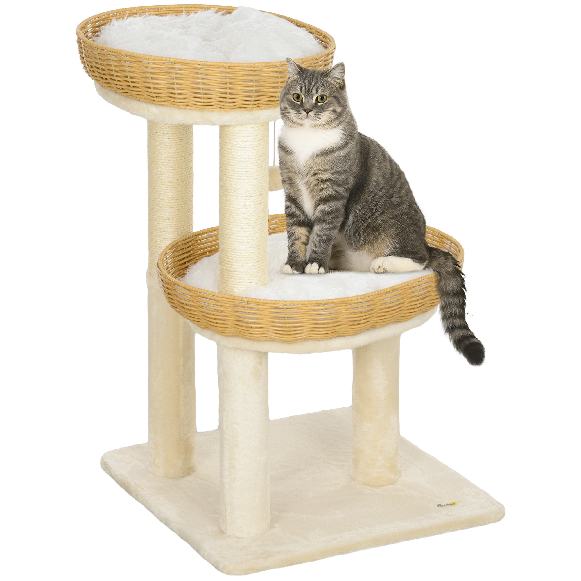 PawHut Árbol para gatos, árbol trepador, 75,5 cm de altura, con dos camas de ratán para gatos, postes rascadores, cojines lavables, pelota de juguete, color beige