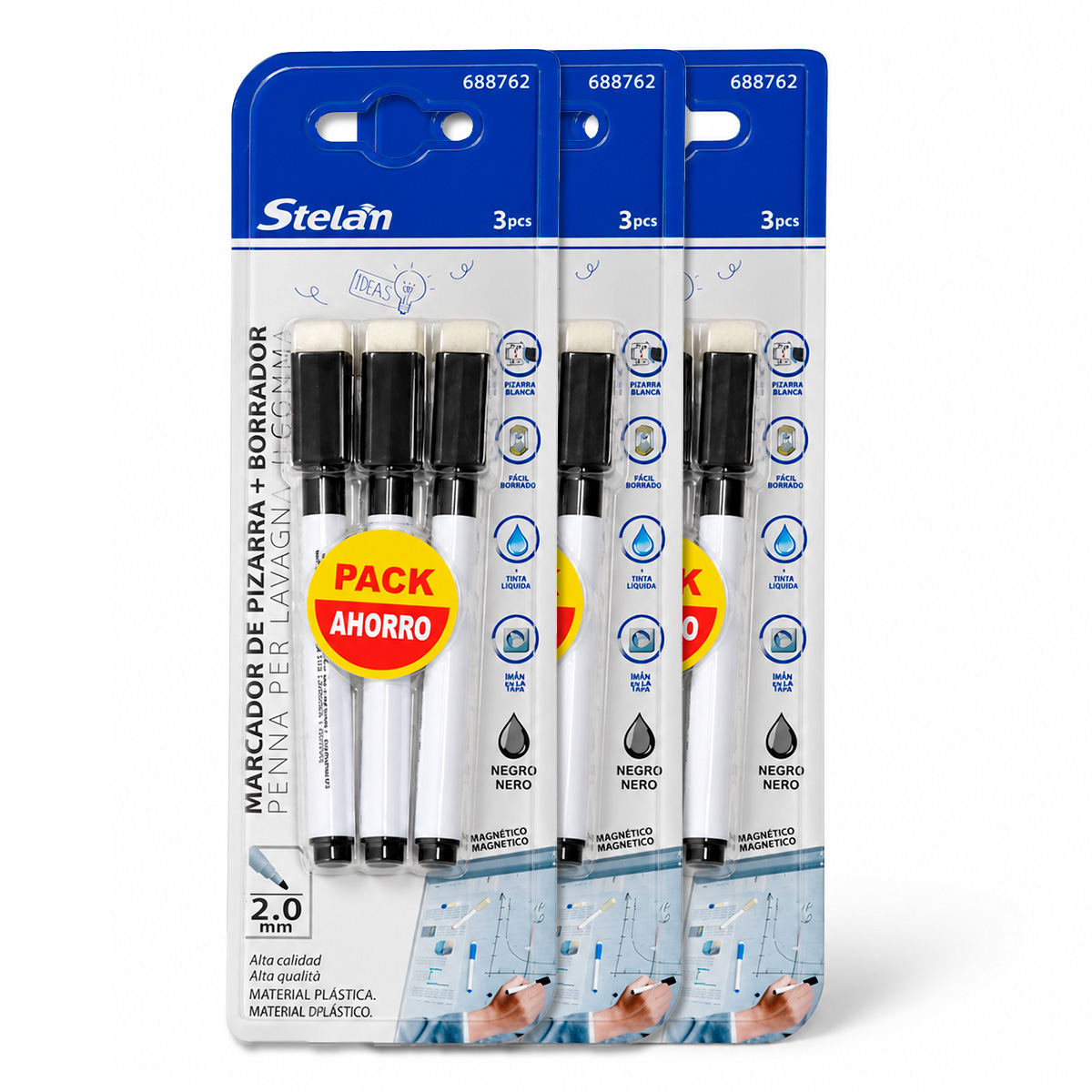 Marcadores para pizarra blanca magnéticos con borrador incorporado en tapón, tinta de secado rápido y borrado fácil, pack de 9 unidades para oficina, hogar y aulas - Stelan