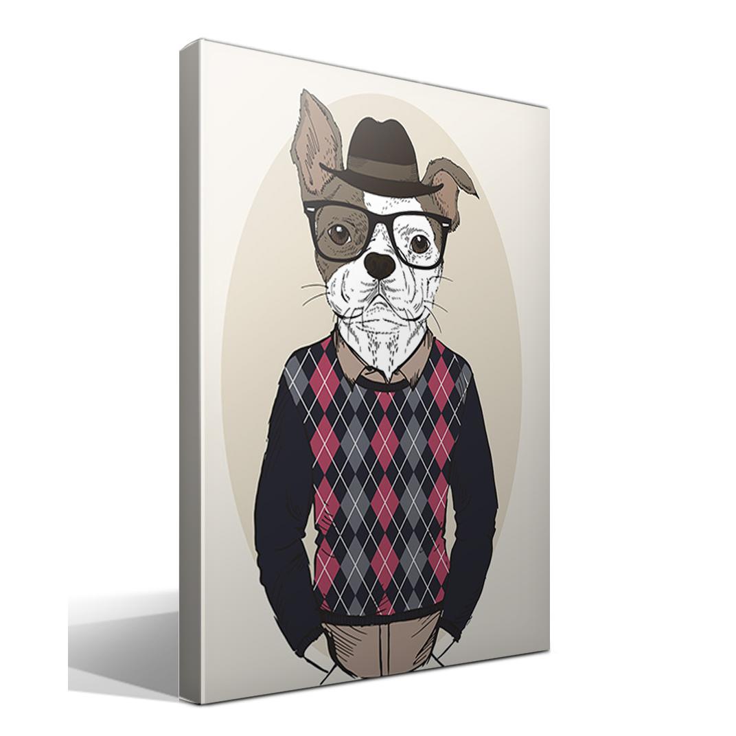 Cuadro Canvas Perro Bulldog Hípster - Alta Resolución - Lienzo de Algodón 100% - Bastidor de Madera 3x3cm - Fabricado en España