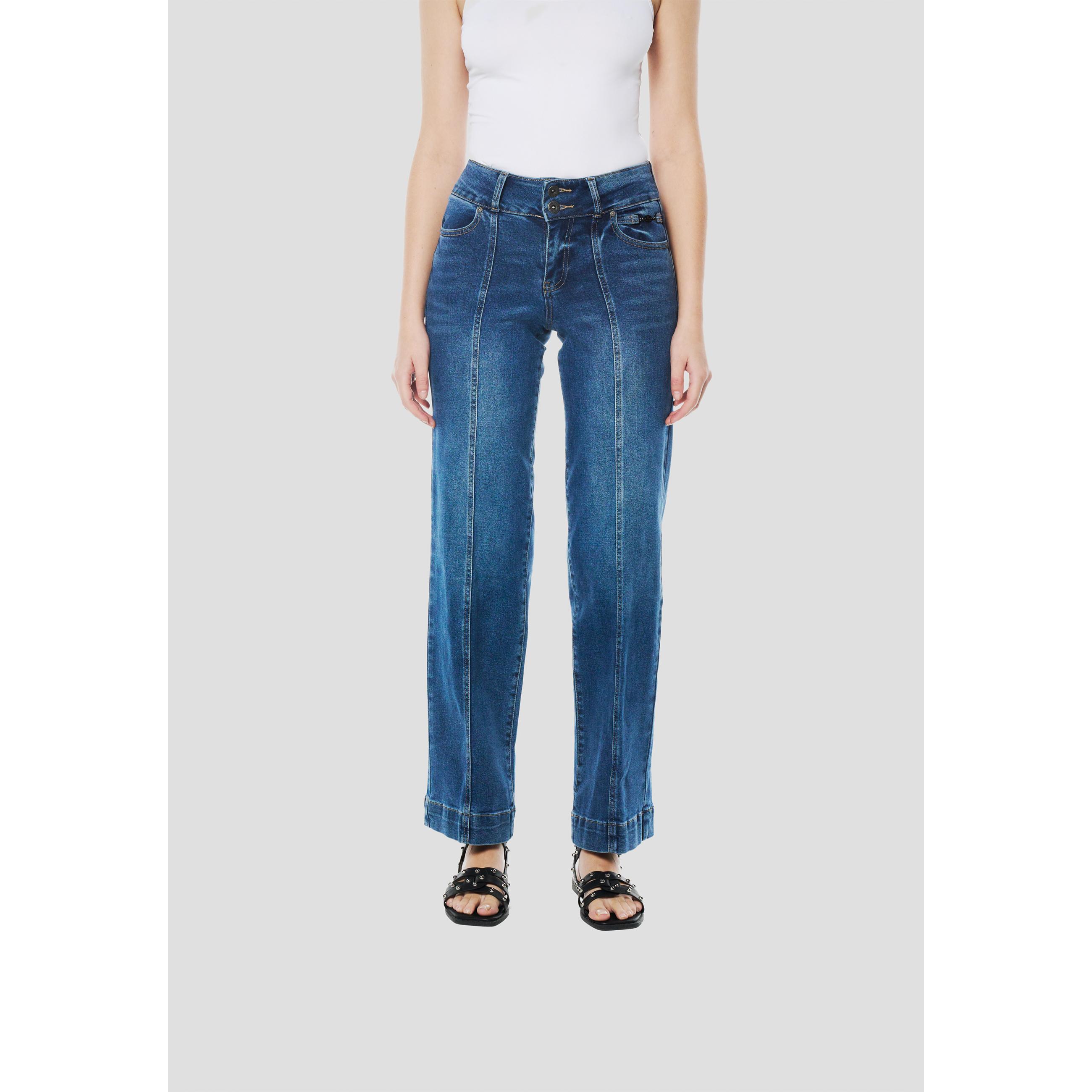 Koroshi - Pantalón vaquero wide leg mujer cintura alta en denim azul medio con viscosa y 1% elastano para oficina, street style y noche