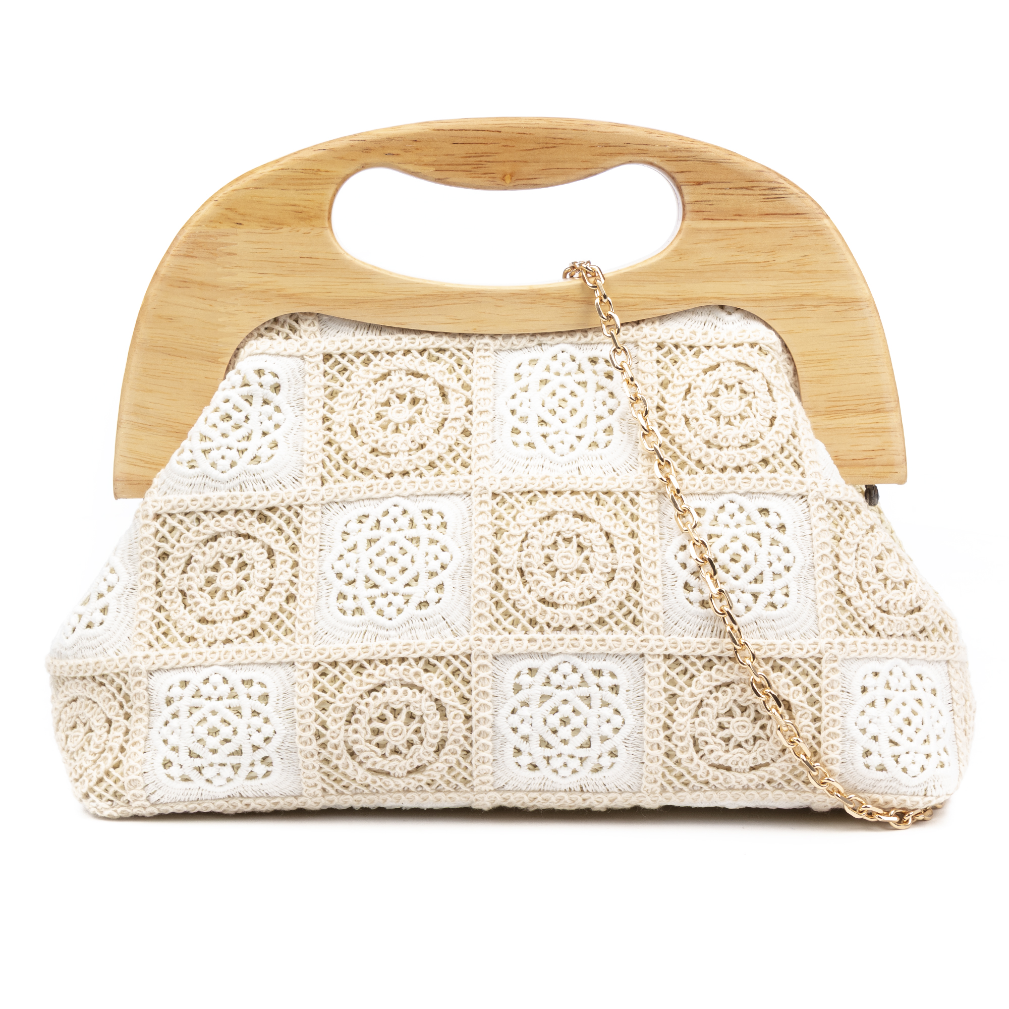 IRIA QUINTANA Barbaira Bolso de mano Mujer. Fabricado en madera natural y algodón. 29x12x16,5 Cm.
