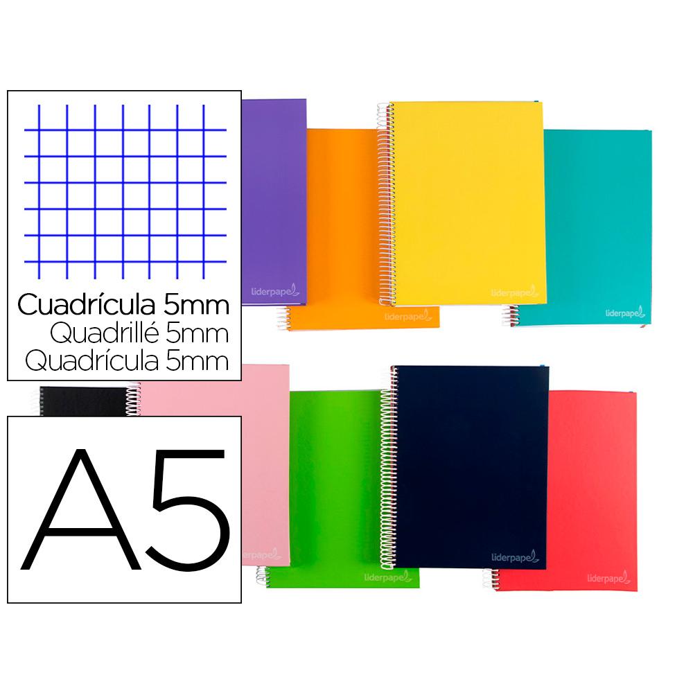 Liderpapel Cuaderno Espiral A5, 140 Hojas Microperforadas, 6 Taladros, Cuadrícula 5mm, Cartón Grueso - Color Surtido
