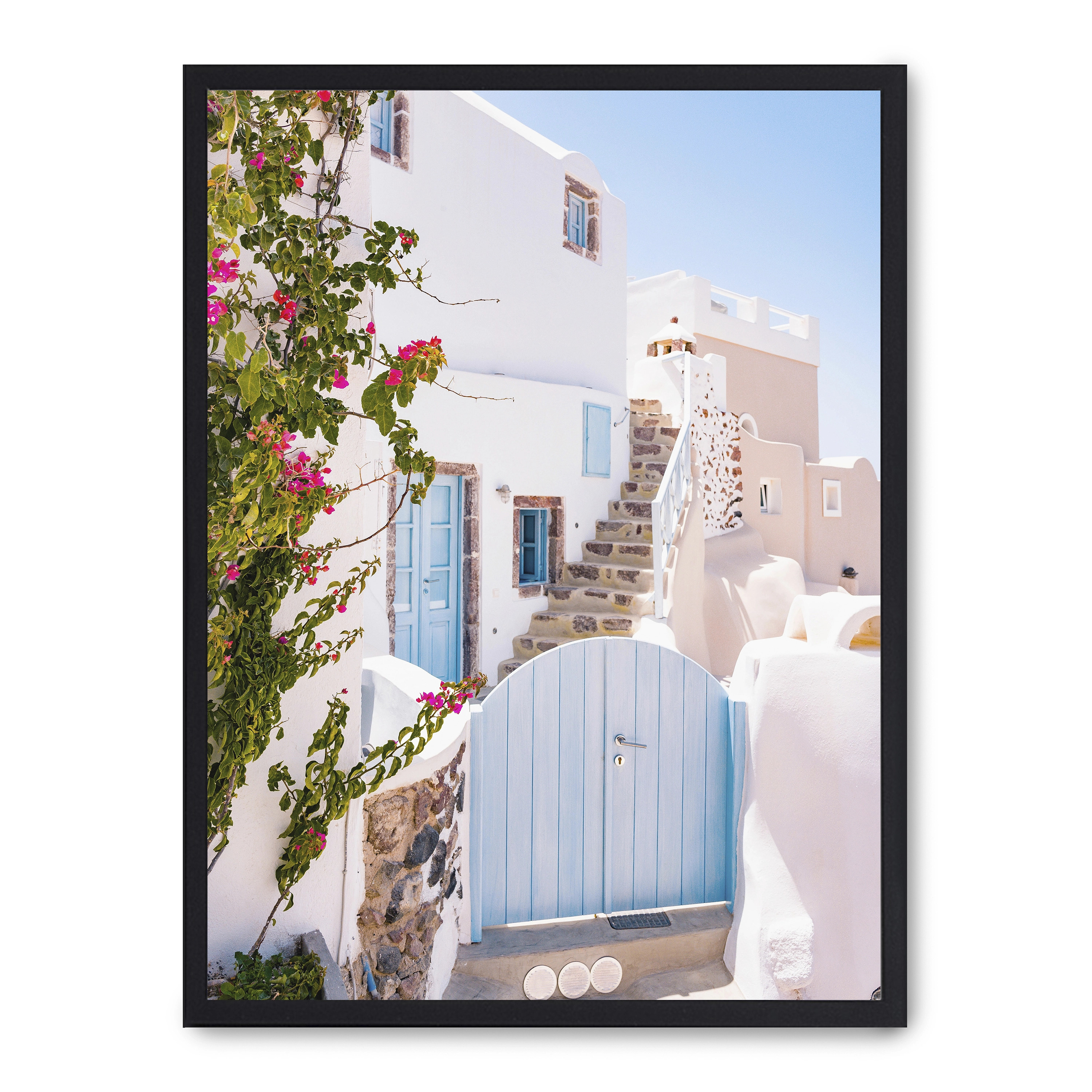 Lámina con marco negro SANTORINI VIBES 21x30 cm, Póster impreso en papel de primera calidad de 180gr, montado sobre marco de madera MDF acabado en negro., Arquitectura