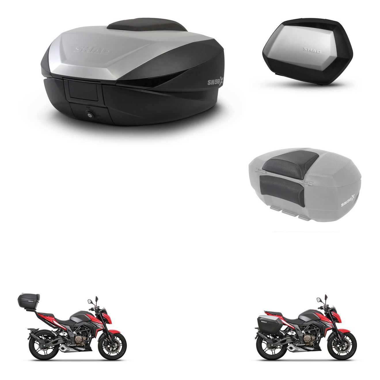 Maletas Laterales + Baul Trasero + Respaldo De Pasajero + Herraje 3P + Herraje Montaje Sh59x Alu Sc Sh35 Premium KIT-263680