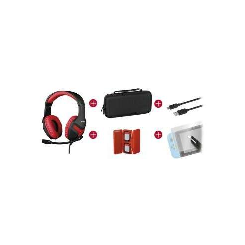 Konix mythics gamer switch pack auriculares + funda de transporte + protector pantalla vidrio templado + estuche para 4 cartuchos de juego + cable usb a usb-c