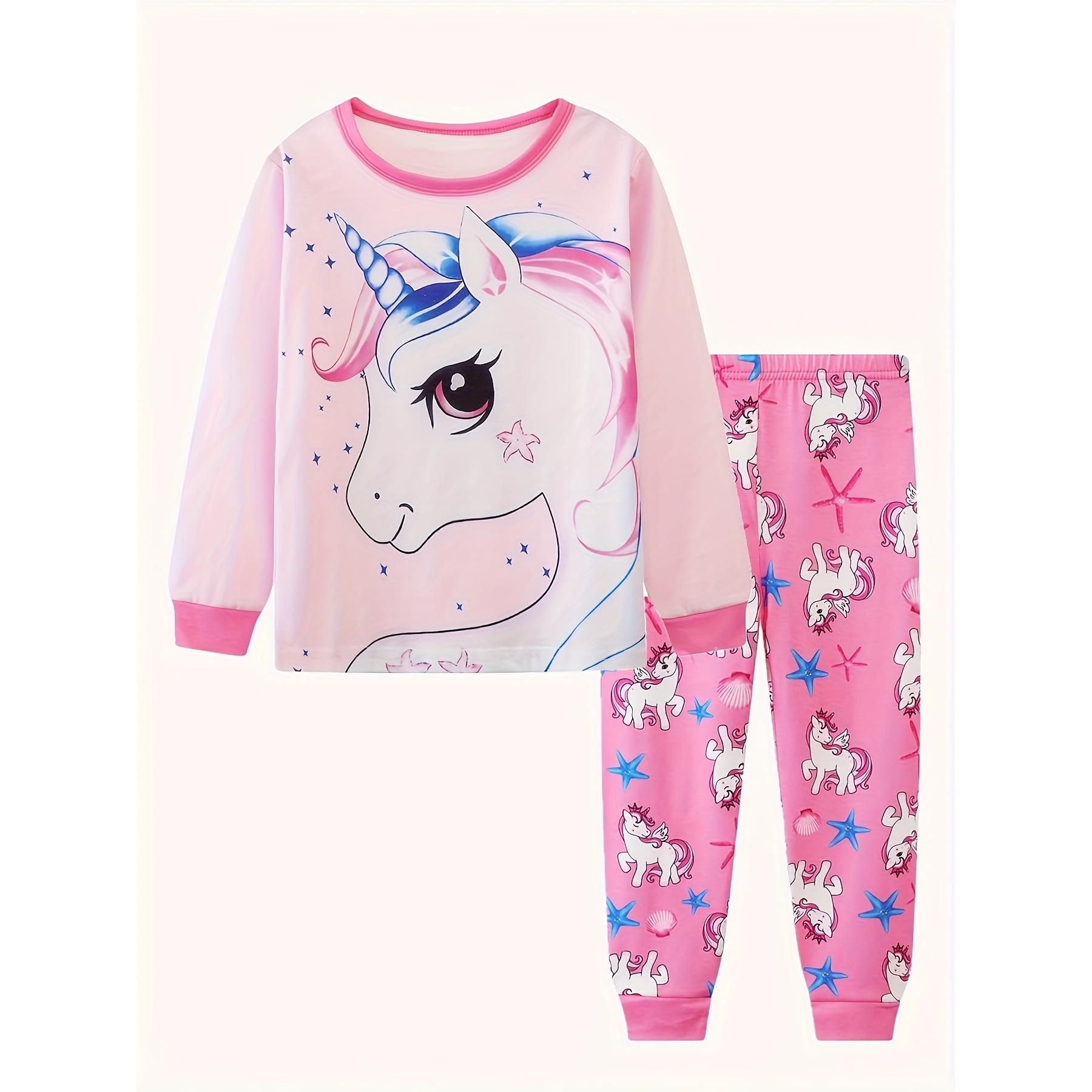 TK Conjunto De Pijamas De Algodón Rosa Para Niñas Con Estampado De Unicornio Casual Cuello Redondo Talla Unica Para Edades 7-12