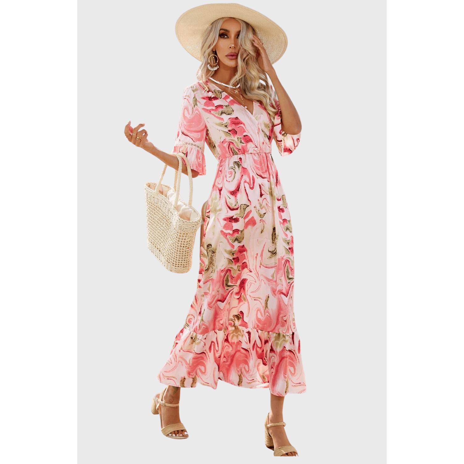 Vestido mujer midi estampado floral, dress con cuello redondo, escote en V, manga volante, cintura elástica, bajo con volante, cómodo y elegante, ideal verano, talla 38, rosa ✅Entrega 24/48h