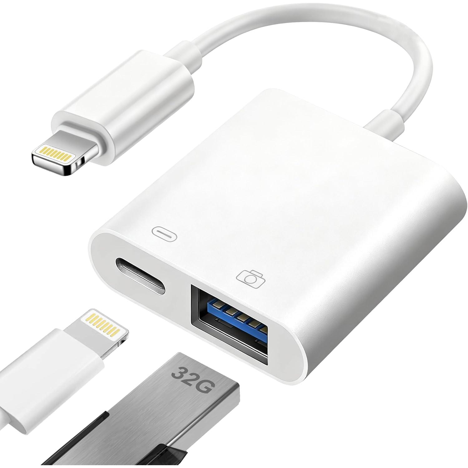 Adaptador de iPhone a USB OTG[Apple MFi Certified], Adaptador Lightning a USB para cámara con Puerto de Carga, Convertidor OTG for iPad, Unidades Flash, lectores de Tarjetas, Ratones, teclados, Midi