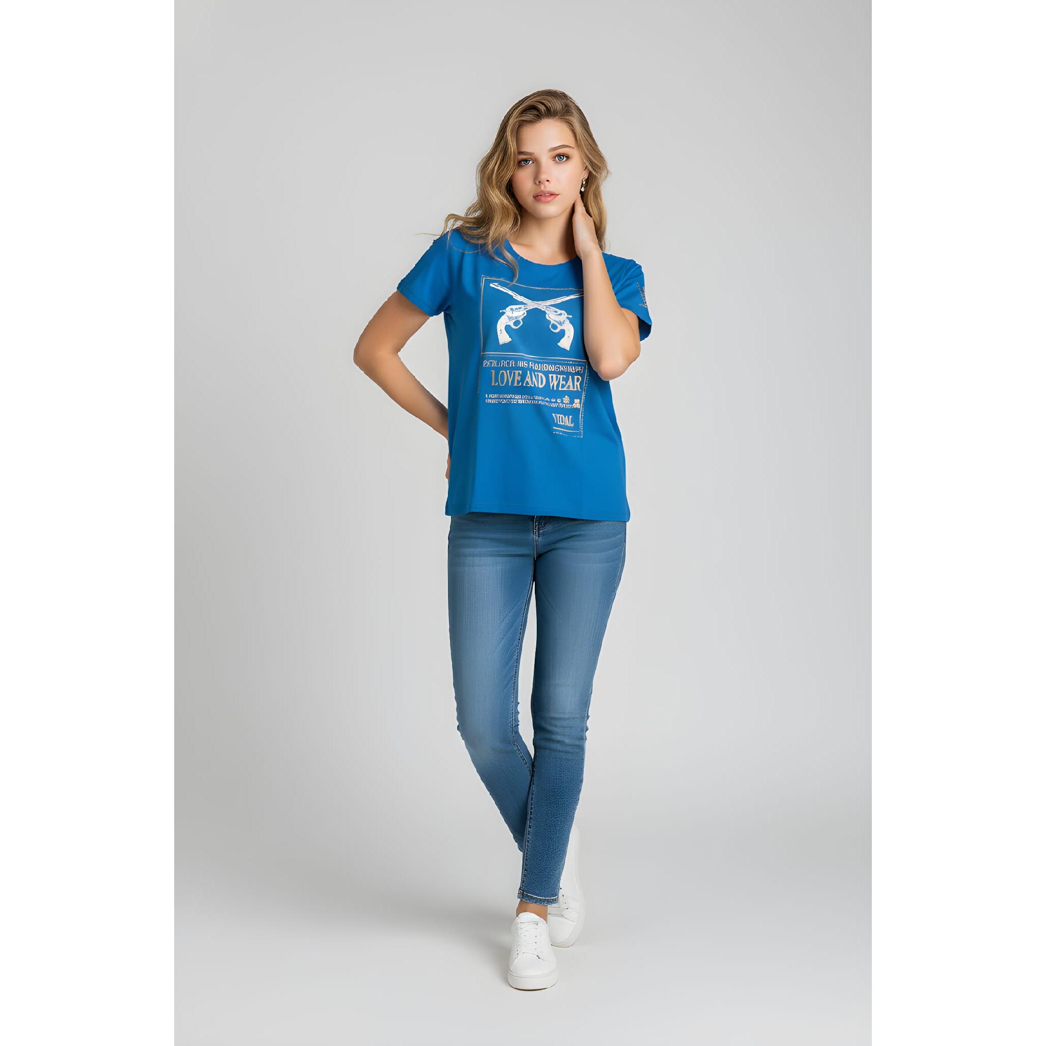 Camiseta de algodón para mujer con diseño estampado frontal y detalle de strass decorativo. Manga corta, cuello redondo y ajuste cómodo - REF: 68273