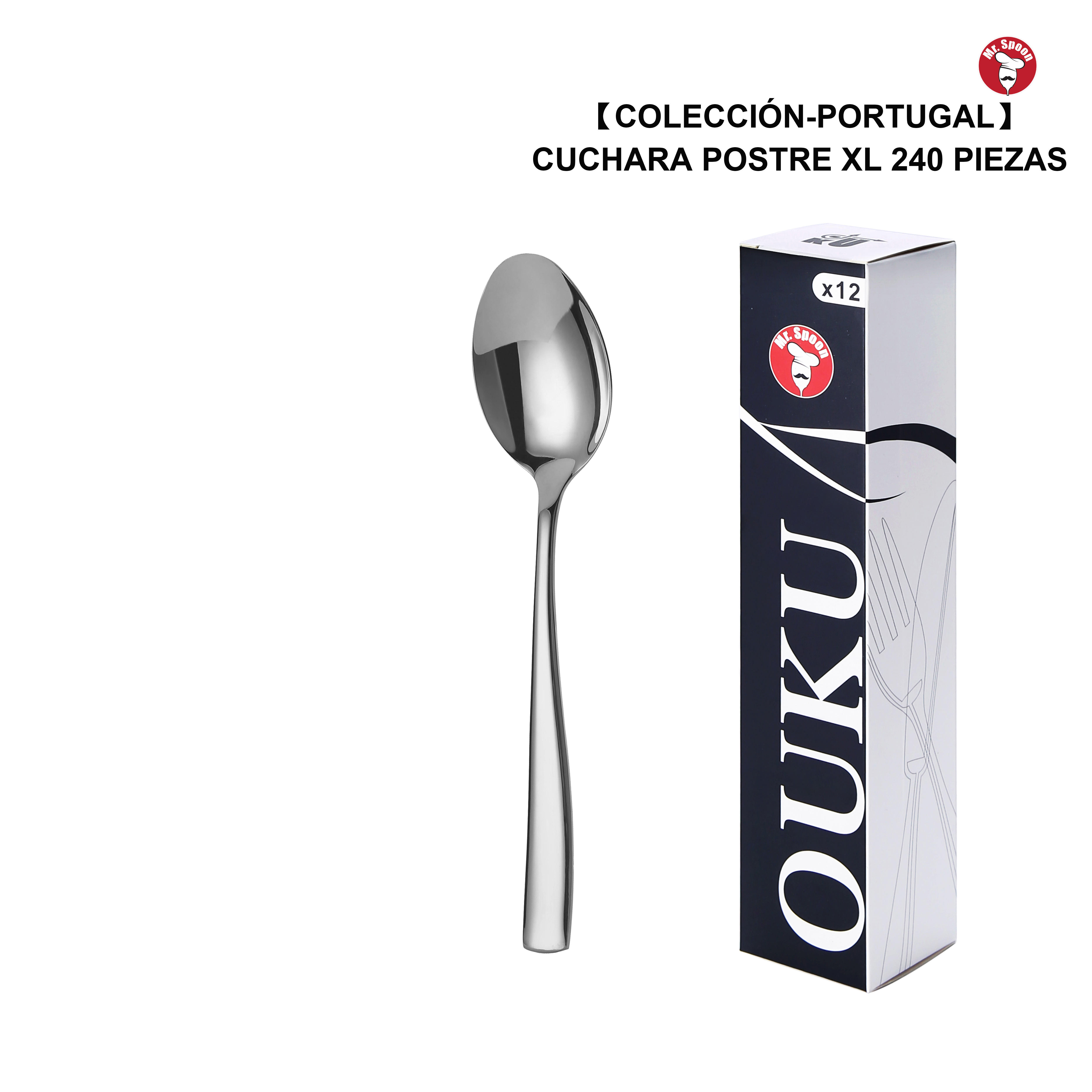 Mr.Spoon Serie Portugal 12 Piezas 48 Piezas 240 Piezas,Acero inoxidable 18/8,Cuchara de postre XL,Largo 185mm grosor 2.85 mm,Cubiertos Alta calidad y acabado,Diseño Modernas,Aptos para lavavajillas,Caja Envase Ecológico,Para Casa,Hotel,Restaurante 60227