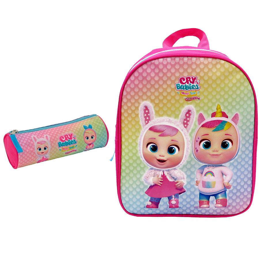 MOCHILA BEBÉS LLORONES 30 CM CON PORTATODO REDONDO -COLOR ROSA ,CONEJO Y UNICORNIO,NIÑAS