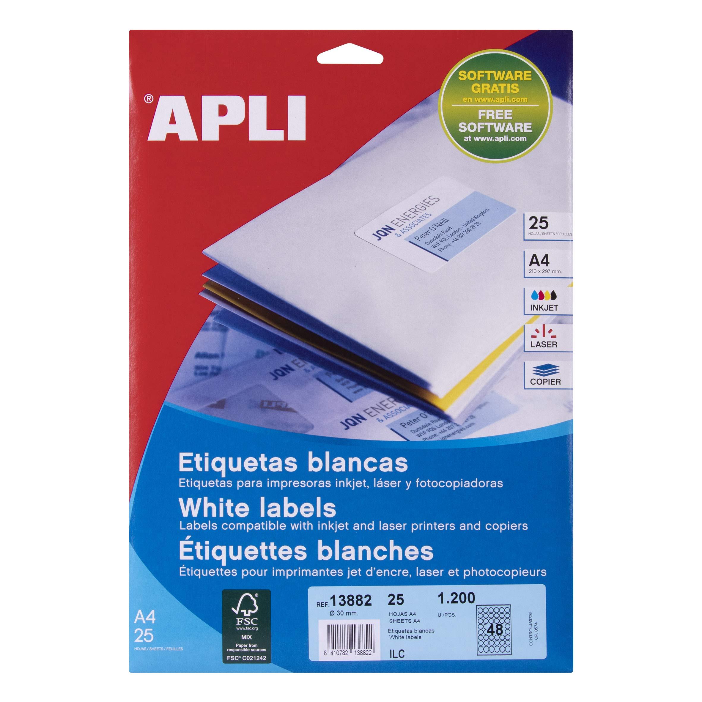 APLI 13882 - Etiquetas blancas redondas permanentes adhesivas imprimibles, Inkjet-Laser-Copy, tamaño etiqueta Ø 30 mm, pack de 25 hojas A4 (1200 etiquetas), Ideal para sobres