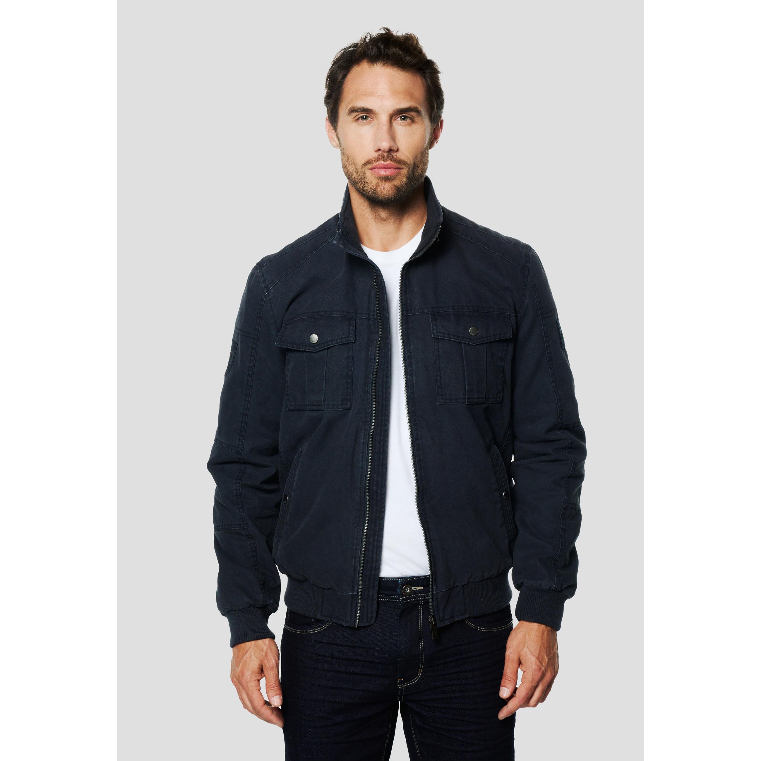 Koroshi - Chaqueta cazadora estilo militar para hombre, 100% algodón con cuello alto y cremallera frontal, azul marino y marrón claro
