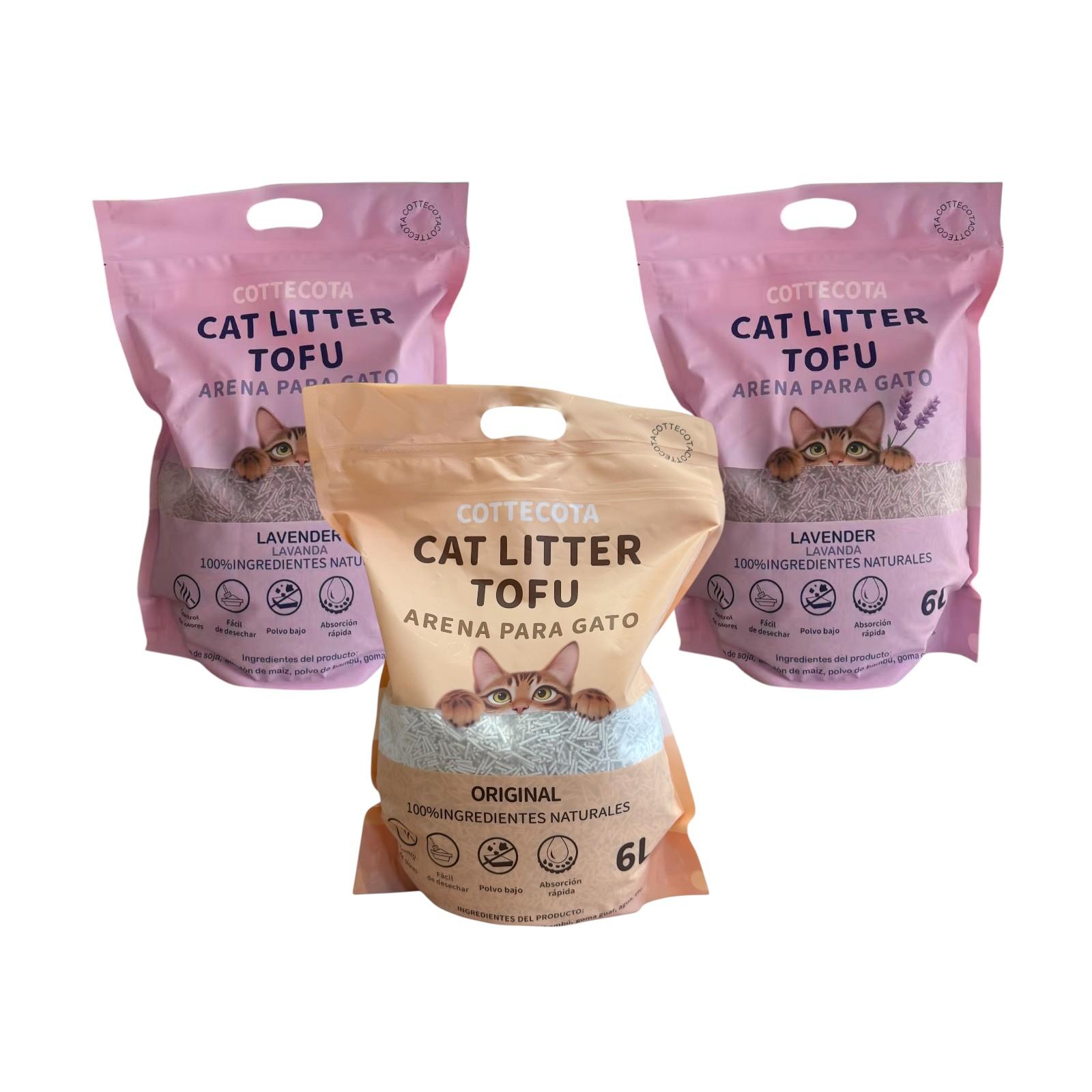COTTECOTA - Pack 3 Bolsas Arena Tofu para Gatos 6 L Vainilla Lavanda Café Tofu ecológico Vegetal, Lecho natural para Gatos Libre de Polvo Arena Natural Aglomerante ,Arena para mascota vegetal absorvente , Arena de tofu para gatos antiolor y absorvente
