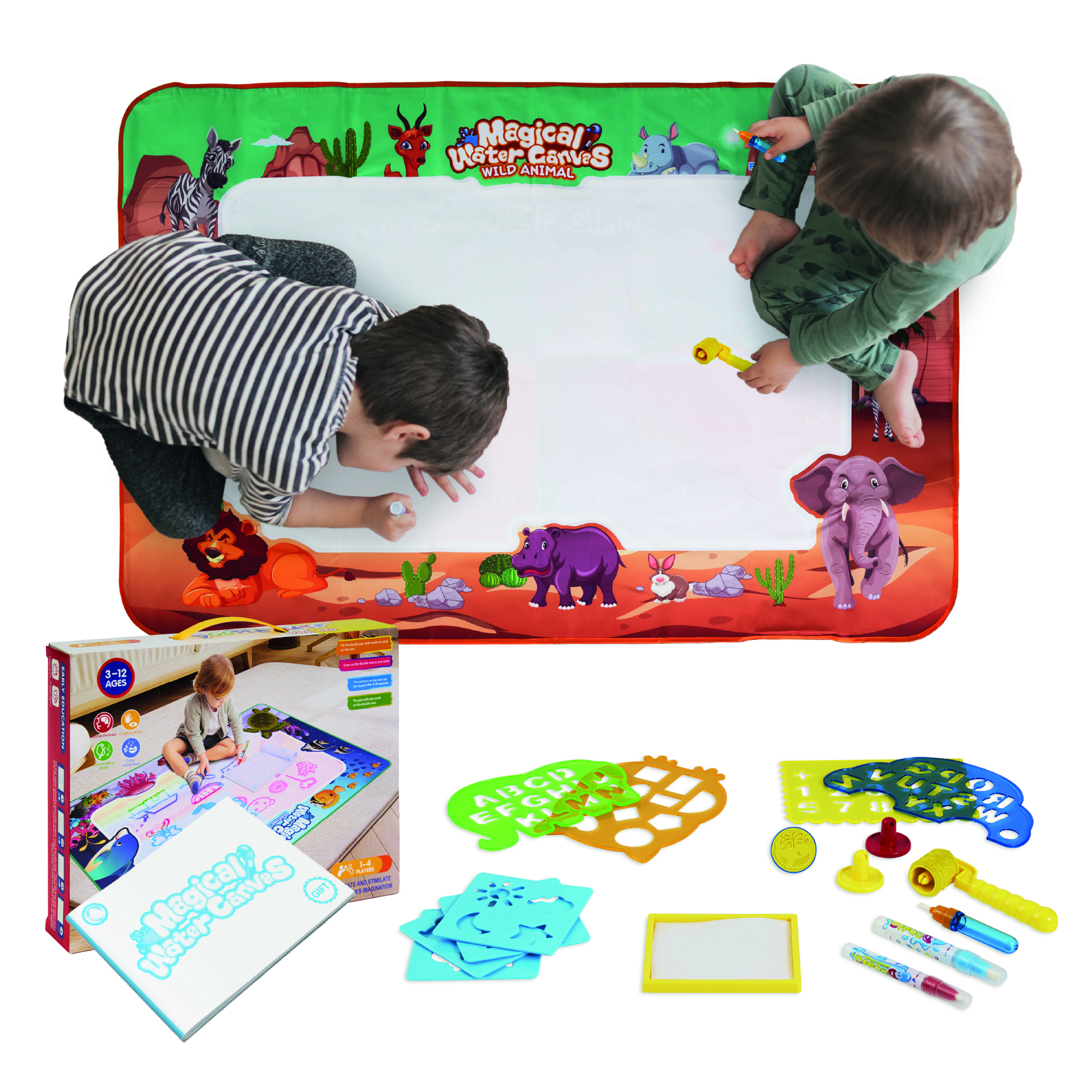 BUDDY BABY - AquaPaint - Alfombra Infantil Mágica XL para Pintar con Agua - Medidas Super Grandes 150x100 cm- Alfombra para desarrollo del bebé - Juguete educativo de 3 a 12 años - Incluye Accesorios - Con Caja de Regalo