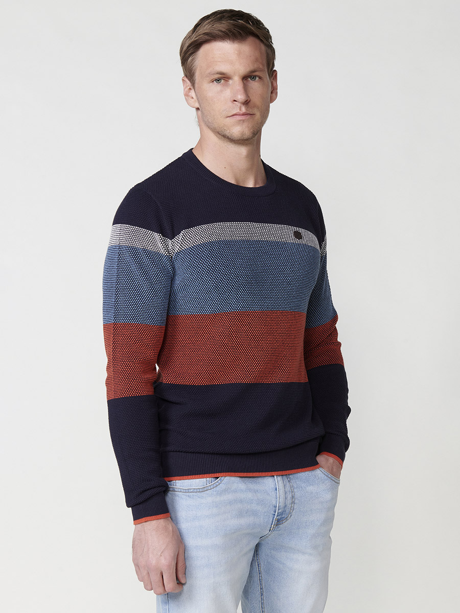 Koroshi - Jersey de punto texturizado a rayas para hombre, 100% algodón, cuello redondo y diseño en relieve ideal para entretiempo
