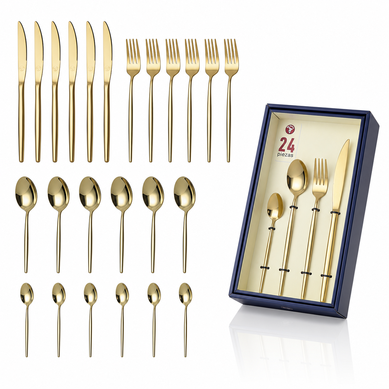 Mr.Spoon Cubertería Profesional Oro Brillo 24 Piezas Acero Inoxidable 18/0 para 6 Personas Hostelería, Juego de Cubiertos con cuchillo, tenedor, cuchara y cucharilla para Restaurante, Bar y Hotel, Resistente, Apta Lavavajillas, Compra al por Mayor