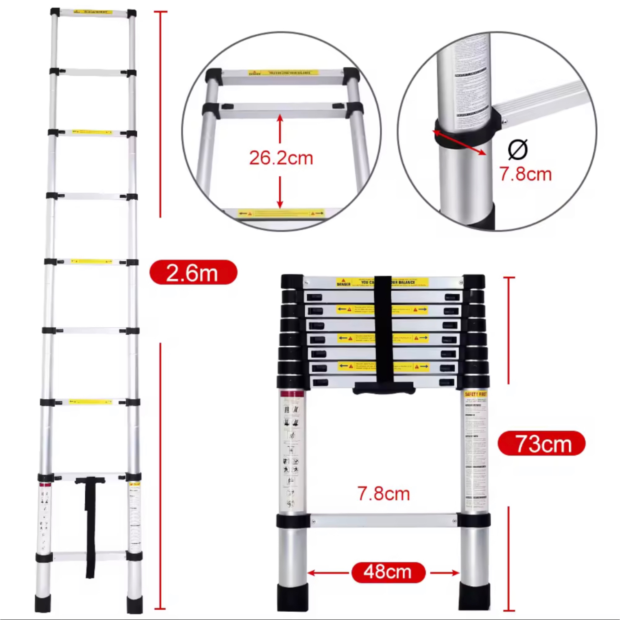 Escalera Plegable Aluminio Material de Alta Calidad y Duradero -Desde 2.0 metros Hasta 4.4 metros - Distintas Alturas Disponibles, Escalera Telescpica de Aluminio Multiusos EN131 (ES001 3699 4699 6599 7999 8999 F6)