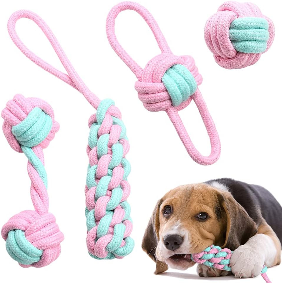 Juguetes para Perros Juego de 4 Juguetes para Perros Juego de Cintas Juguetes para Masticar para Perros de Algodón Natural Juego Interactivo no tóxico E Inodoro