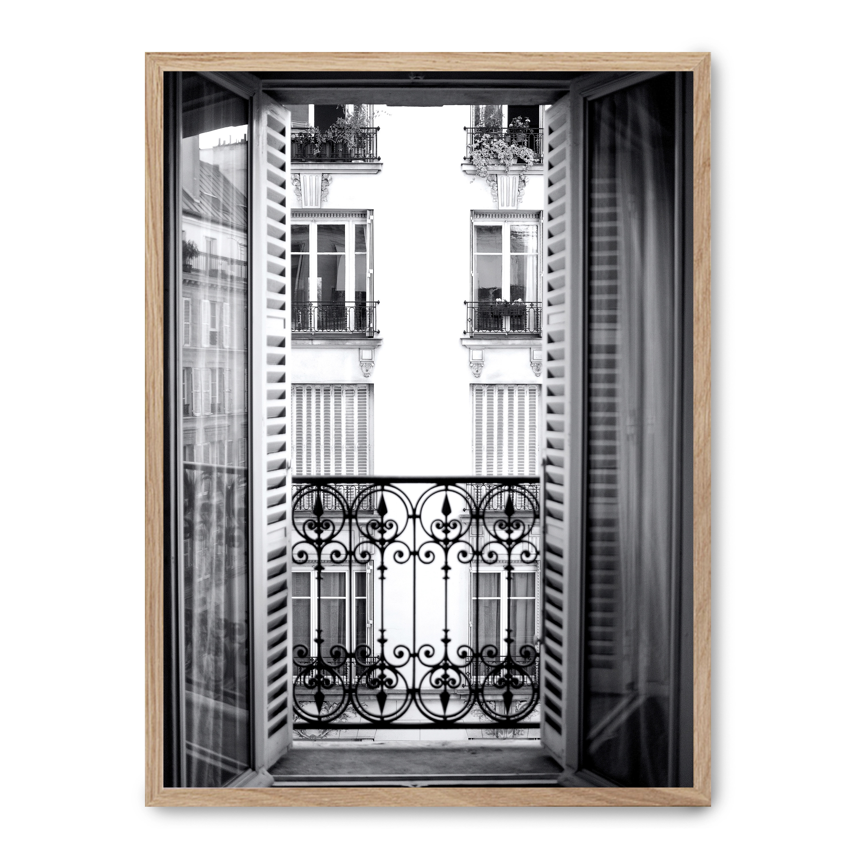 Lámina con marco negro PARISIAN WINDOW 21x30 cm, Póster impreso en papel de primera calidad de 180gr, montado sobre marco de madera MDF acabado en negro., Arquitectura