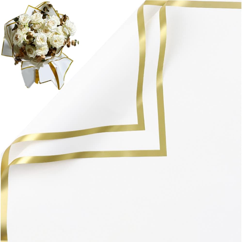 20 Hojas de papel de Regno de Flores with Borde Dorado, suministros de Ramo de floristería, impermeable PAPEL DE Rego or Caja de giuno papel de embalaje, 23x23 pulgadas (Blanco)
