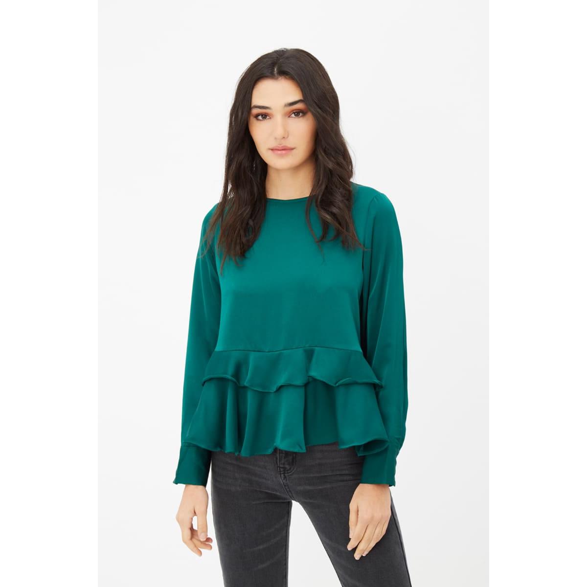 Blusa mujer, top, shirt, modelo avolantado, manga larga, cuello redondo, detalle volantes, abertura lágrima botón trasero, color verde, talla 38, look elegante y versátil, ideal oficina y eventos ✅Entrega 24/48h