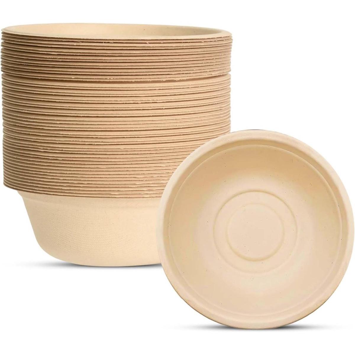 50 cuencos de caña de azúcar - 350 ml - Cuencos de papel resistentes - Ecológicos - Cuencos para sopa - Biodegradables - Compostables en casa - Pulpa de bagazo - Cuencos desechables - Para picnics, bufés, barbacoas - Para comida caliente y fría