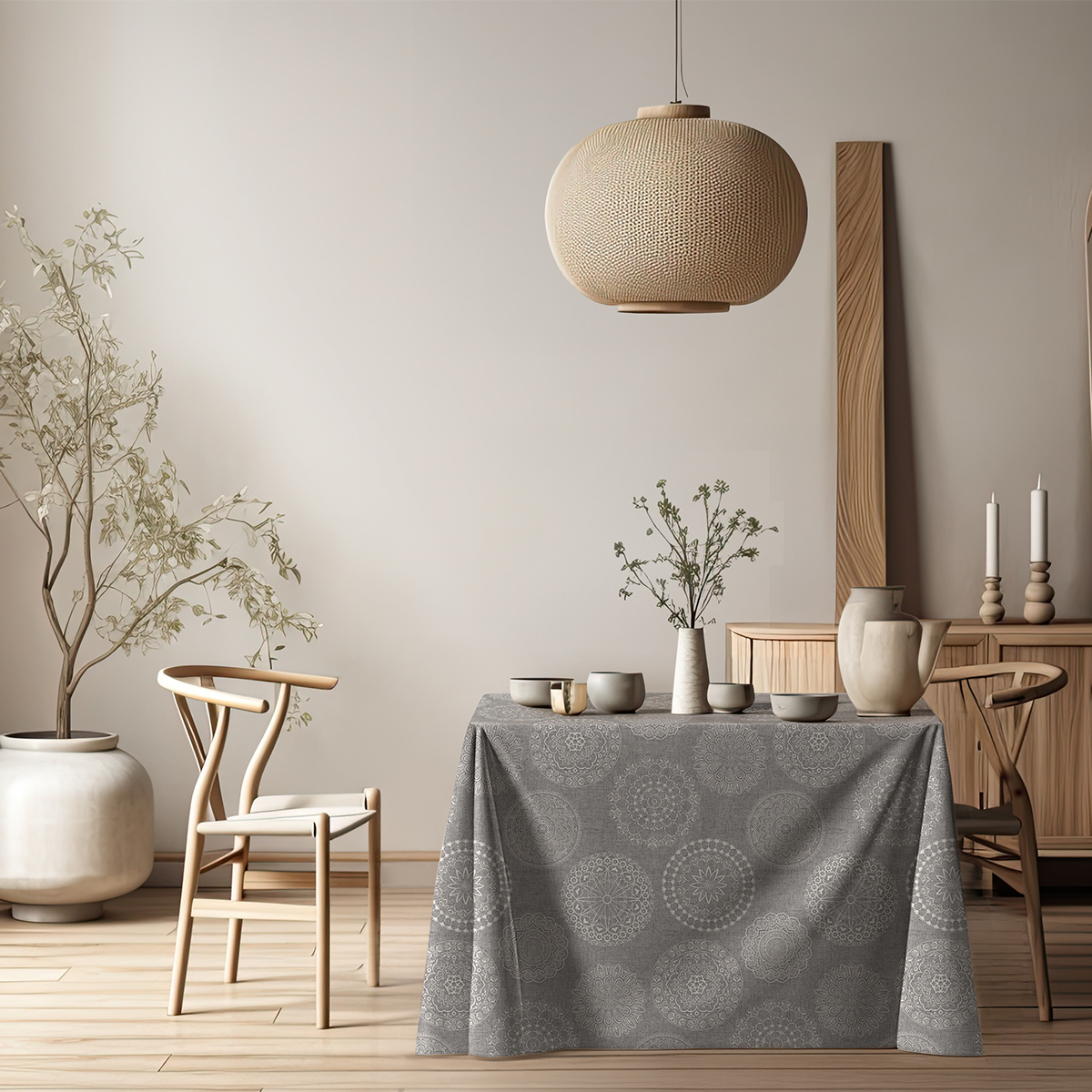 LaFábricadelasTelas - Falda Mesa Camilla Rectangular Primavera Verano Loneta estampada mandalas algodón color beige y gris. Faldón Faldilla enagüilla