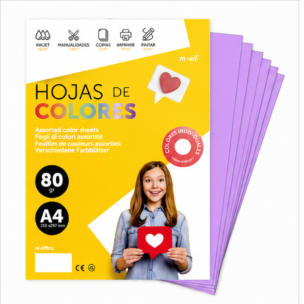 M-Office Folios De Colores A4 80g Para Impresoras y Manualidades, Papel Surtido Para Niños, Paquete Folios Colores Para Tarjetas, Escuela y Proyectos Creativos m-office