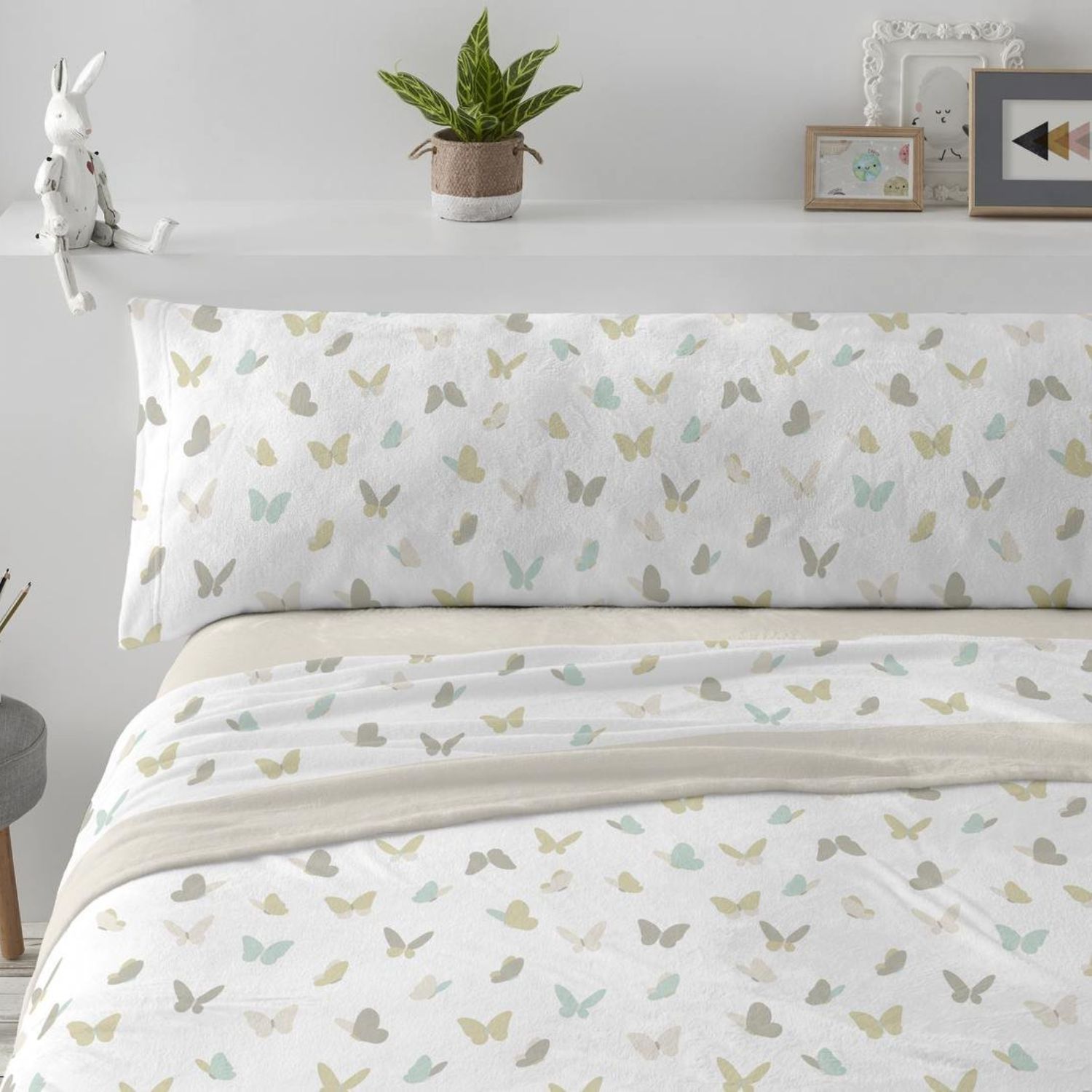 Juego Sábanas BURRITO BLANCO Tejido Coralina Diseño Mariposas Agua - Tacto Suave, Cálido y Ligero - Cama 90-150cm