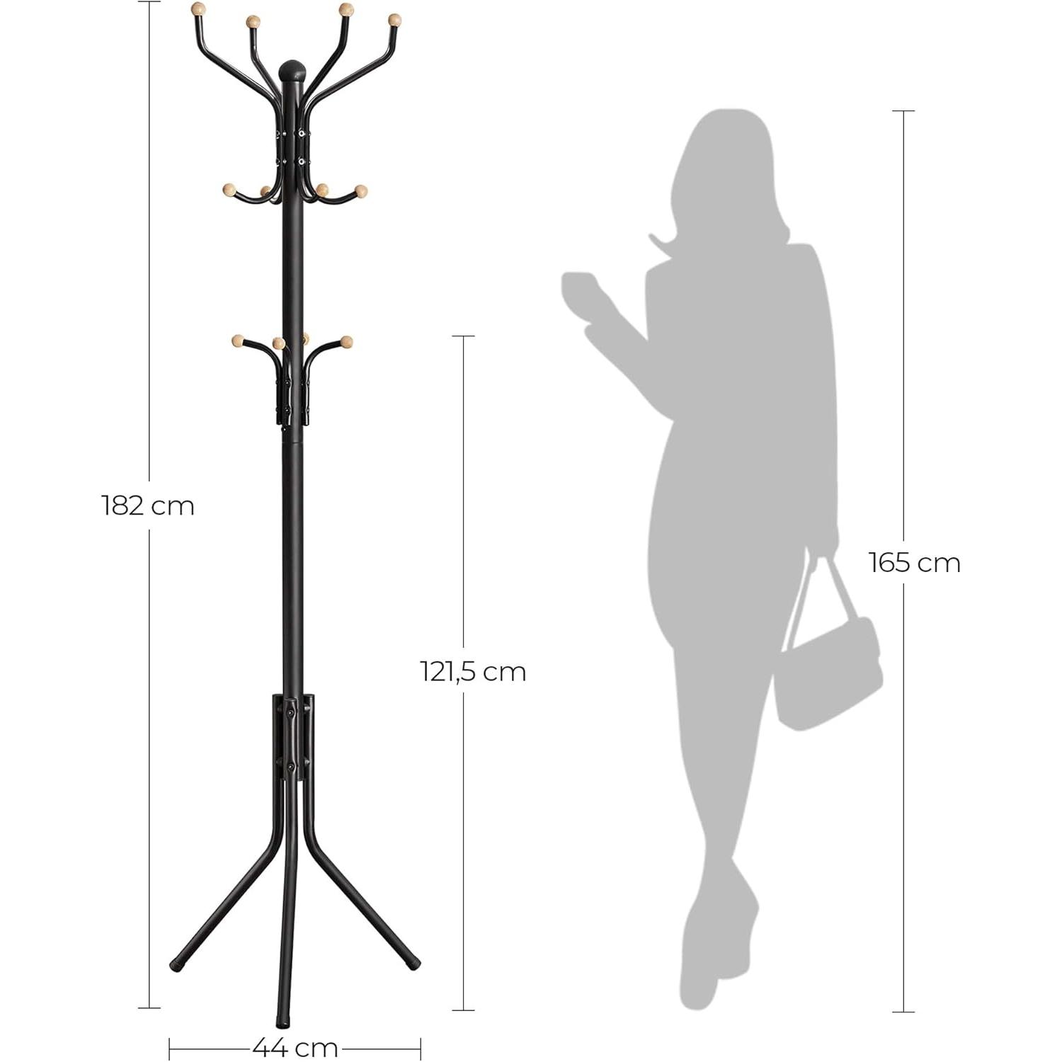 SONGMICS Perchero de Metal, Soporte Pie, Colgador de Bolsos Gorras Ropa, Altura de 182 cm, con 12 Ganchos, Negro/Blanco, 49 x 49 x 182 cm