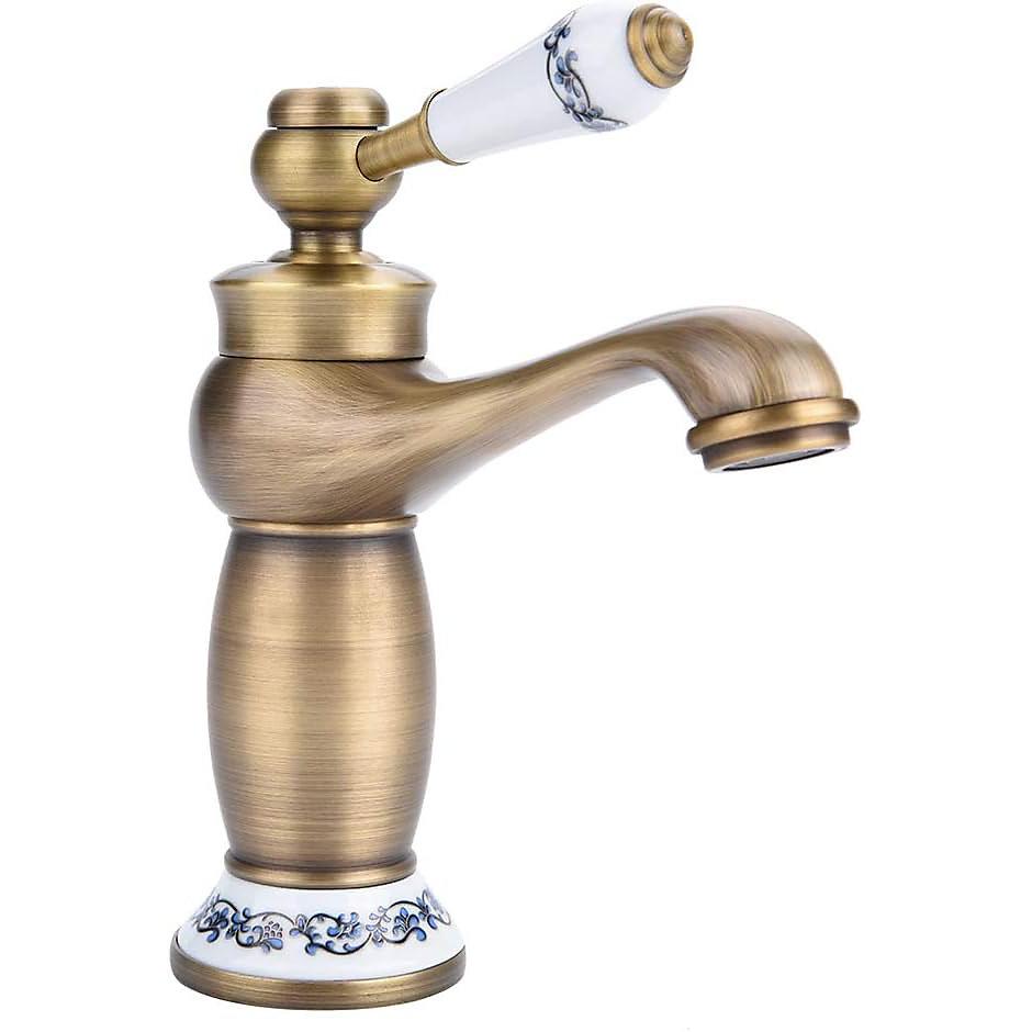 CA Grifo de lavabo de baño de cerámica de latón antiguo, grifo de cuello largo de porcelana retro