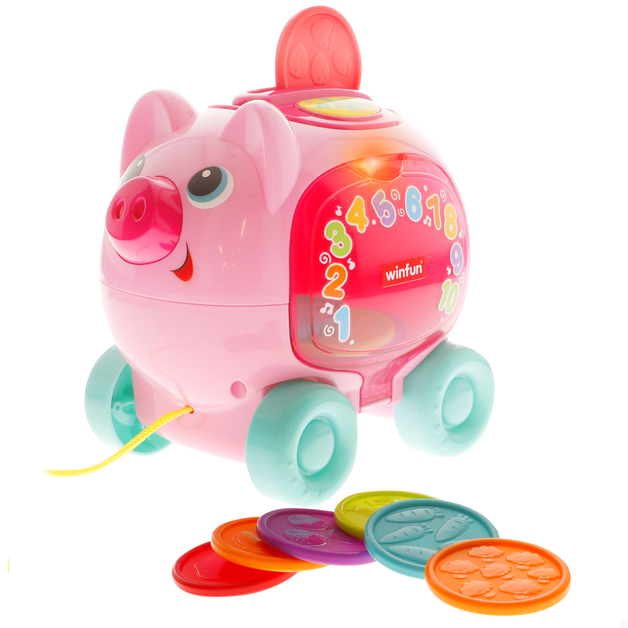 Winfun - Hucha cerdito interactiva para bebés, con cuerda de arrastre, dos modos de juego, frases en español e inglés, 10 monedas de colores, +30 sonidos y melodías, +37 palabras y frases, botón luminoso parpadeante, para niños y niñas a partir de 6 meses