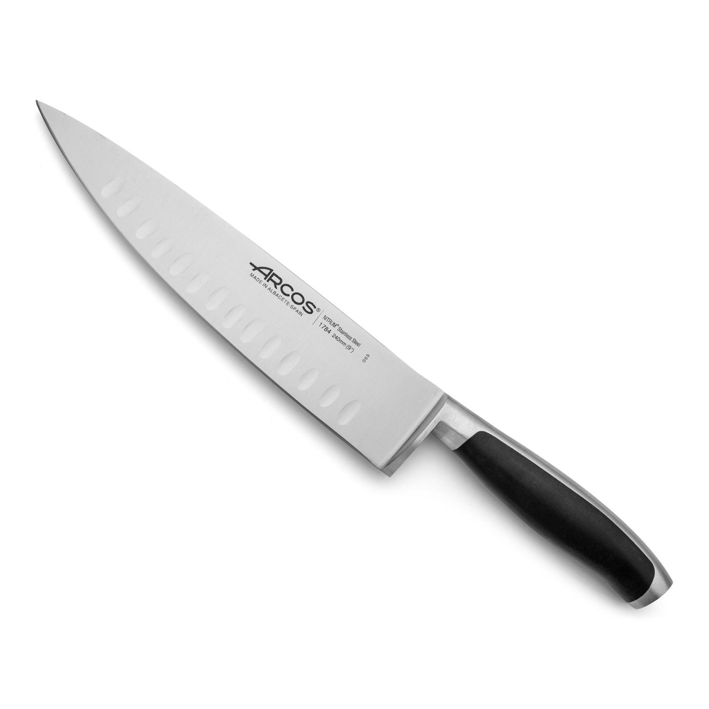 Arcos Cuchillo Chef 9.s Acero Inoxidable. Cuchillo cocina profesional doble afilado para cortar alimentos. Mango ergonómico polioximetileno y Hoja 240 mm. Serie Kyoto. Color negro.
