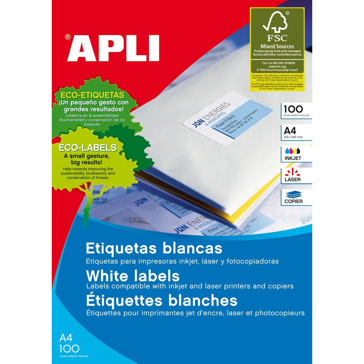 APLI 2412 - Etiquetas blancas permanentes adhesivas imprimibles, Inkjet-Laser-Copy, tamaño etiqueta 199,6 x 289,1 mm, cantos romos, pack de 100 hojas A4 (100 etiquetas), Ideal para sobres