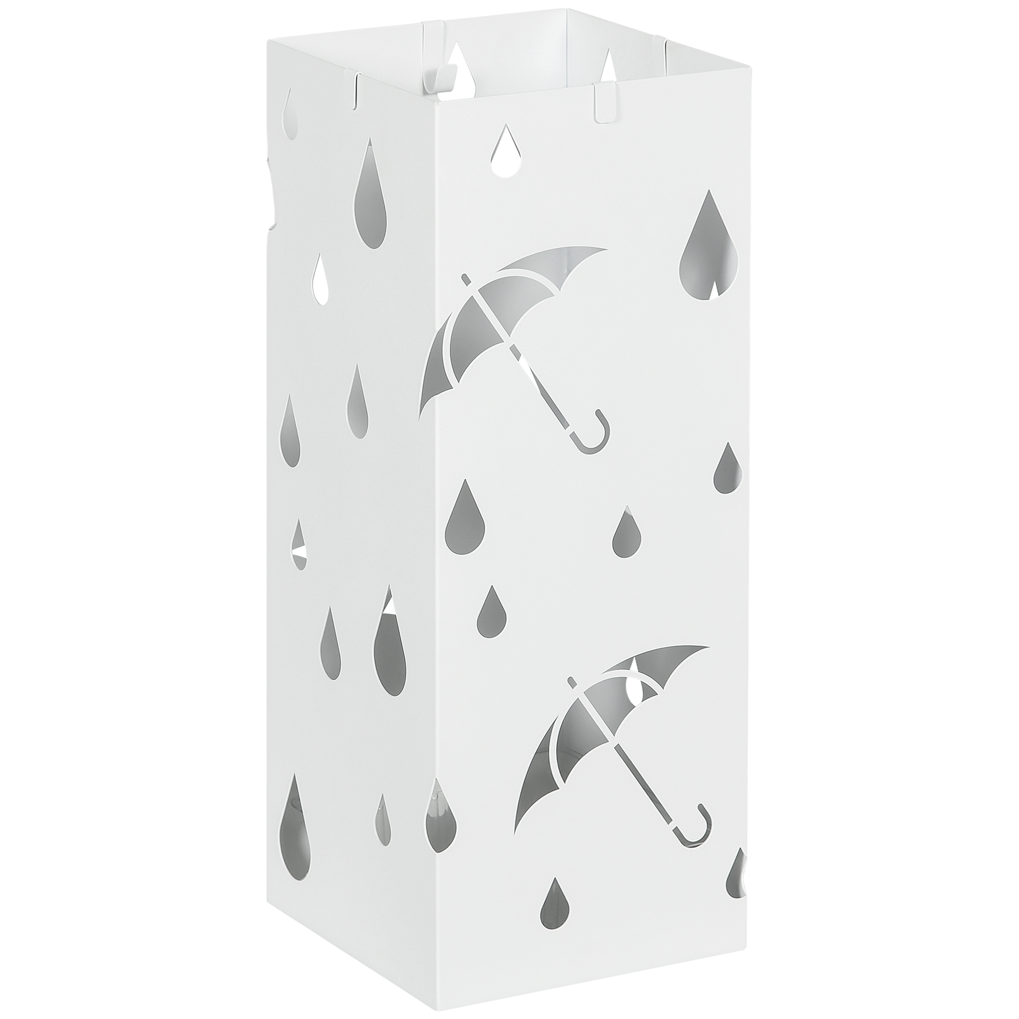 HOMCOM Paragüero de Acero Paragüero Blanco con 4 Ganchos y Bandeja de Goteo Extraíble Porta Paraguas Diseño Tallado para Pasillo Entrada 15,5x15,5x41 cm